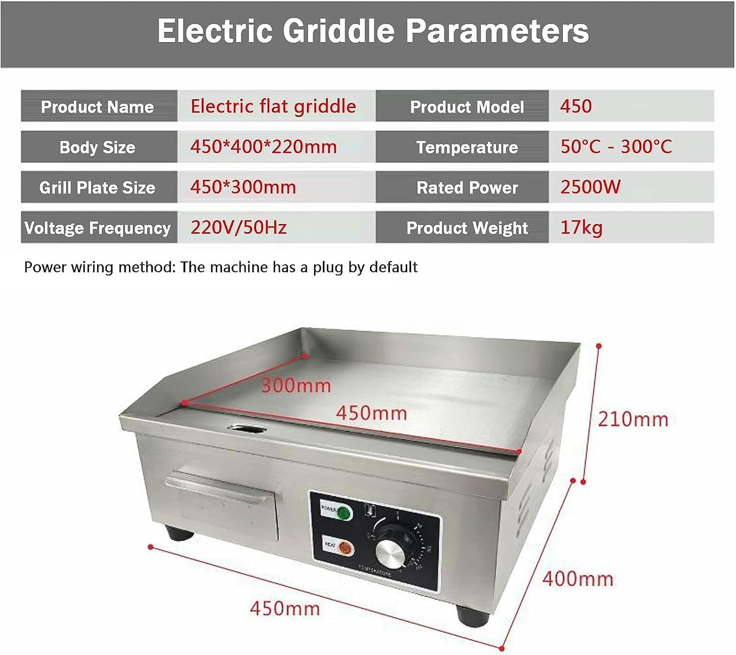 Electric Commercial Griddle Plate, 2500W Electric Countertop Flat Top Griddle with Adjustable Thermostat Removable Oil Drawer Splash Guards, Stainless Steel Restaurant Grill for Kitchen