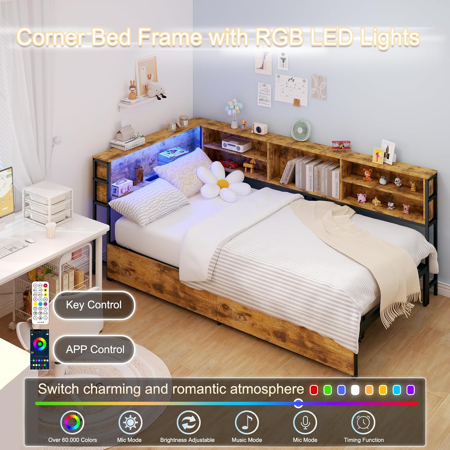 Bellemave Twin Corner Bed Frame with Storage, Twin Size Captains Bed with Charging Station and LED Light, Wood Daybeds with L-Shaped Bookcase and 2 Drawers, Brown