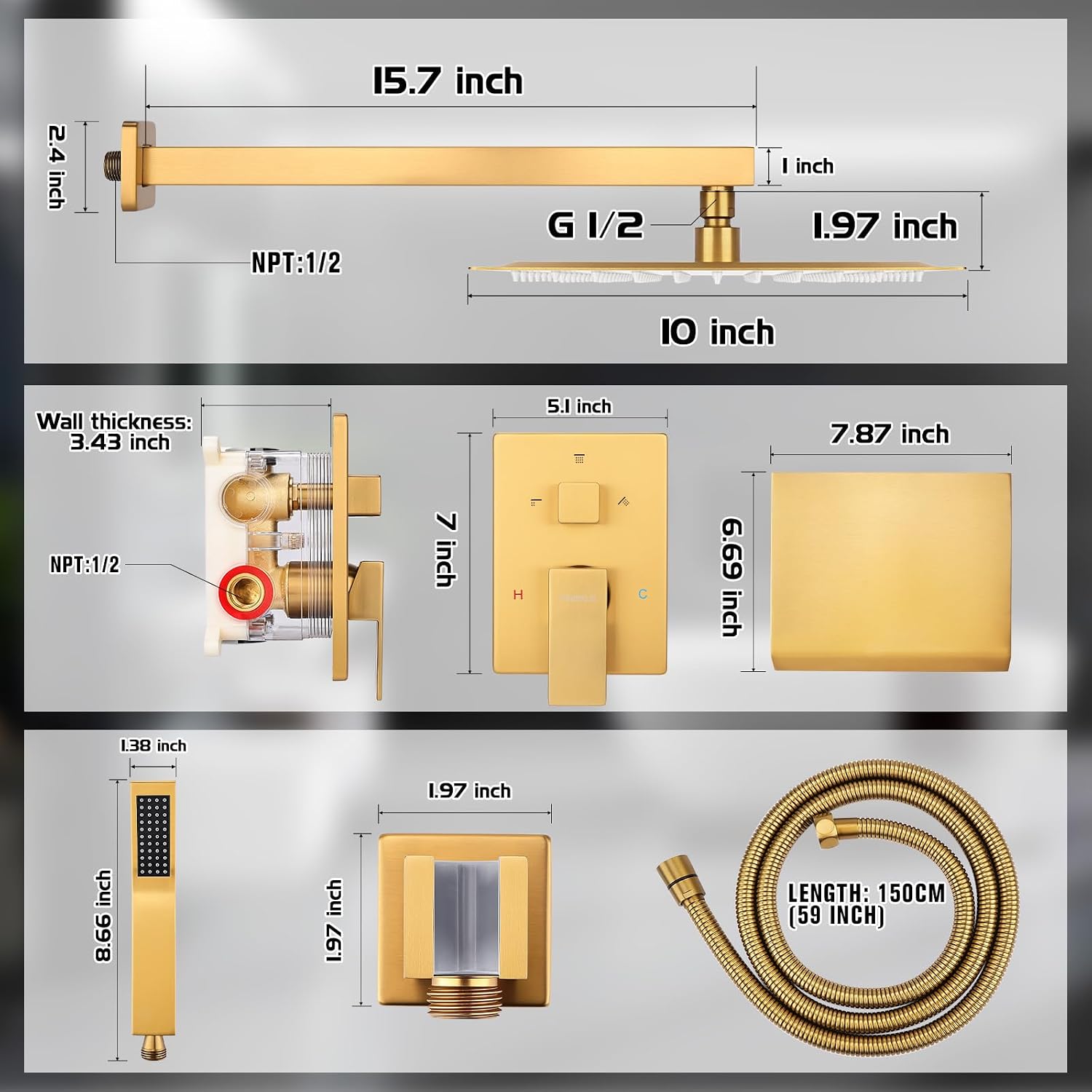 10 Inch Rainfall Shower System with Tub Spout - Wall Mounted Complete Combo with Solid Brass Pressure Balancing Valve, High Pressure Shower Head, Handle Set & Installation Accessories Brushed Gold