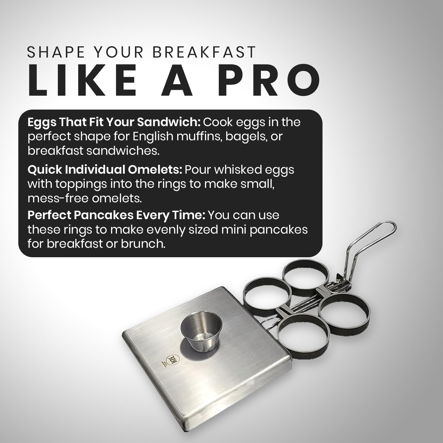 Rattleware Stainless Steel Egg Rings Commercial-Grade Egg Fryer Ring for Frying Eggs – Durable Metal Round Rings with Heat-Resistant Handle – Breakfast Kitchen Gadgets and Egg Cooker (4 Ring Set)