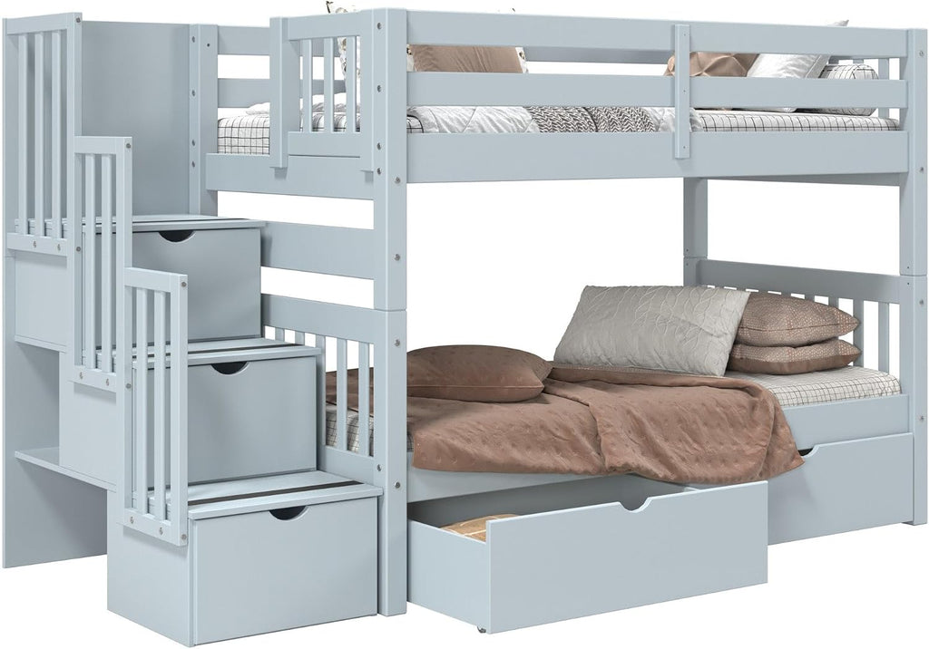 Bedz King Stairway Bunk Beds Twin Over Twin, 3 Step Drawers, 2 Storage Drawers, Breezy Blue