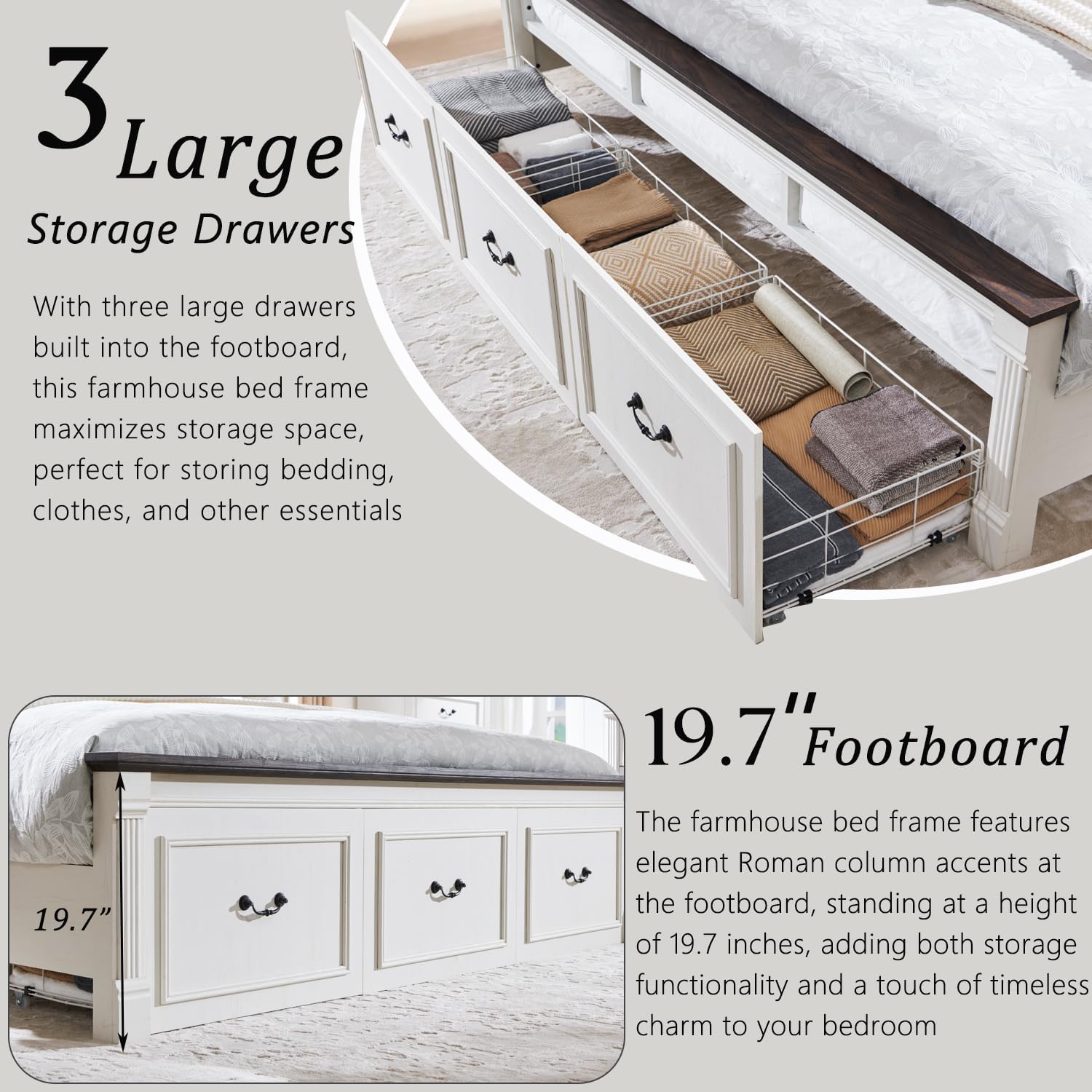 Aitjunz Farmhouse King Size Bed Frame with 51' Tall Headboard, Wood Platform Bed Frame with 20' Tall Roman Column Decoration Footboard & 3 Large Storage Drawers, No Box Spring Needed (White)