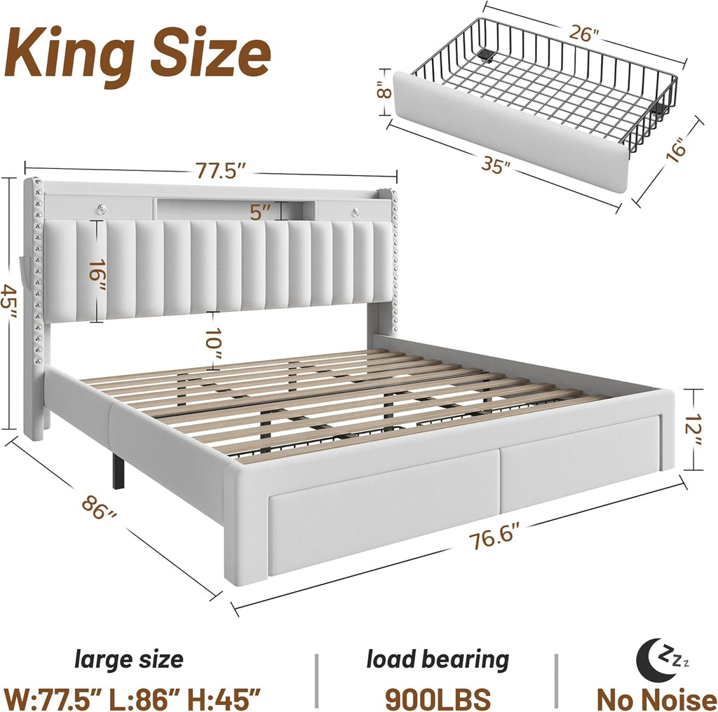 CypBed King Size Bed Frame with 4 Storage Drawers,Velvet Upholstered Platform King Bed Frame and Headboard, 3 USB & Type-C Charging Ports, Solid Wood Slats, No Box Spring Needed, No-Noise, White,Gifts
