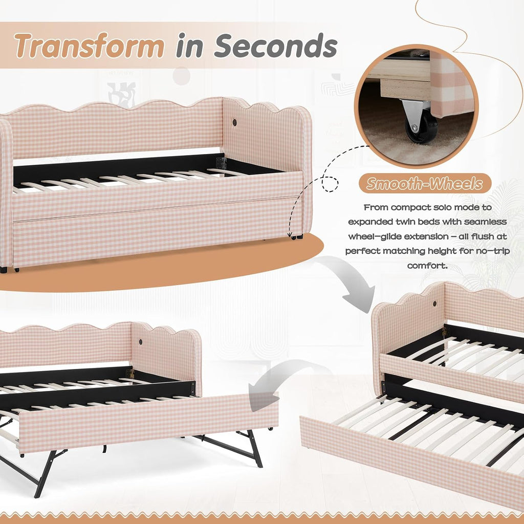 Twin to King Daybed with Trundle, USB Ports Soft Upholstered Daybed with Pop Up Trundle Bed Twin , Modern Extendable Day Bed Frame for Girls Bedroom Living Room Guest Room Small Places Apricot Pink