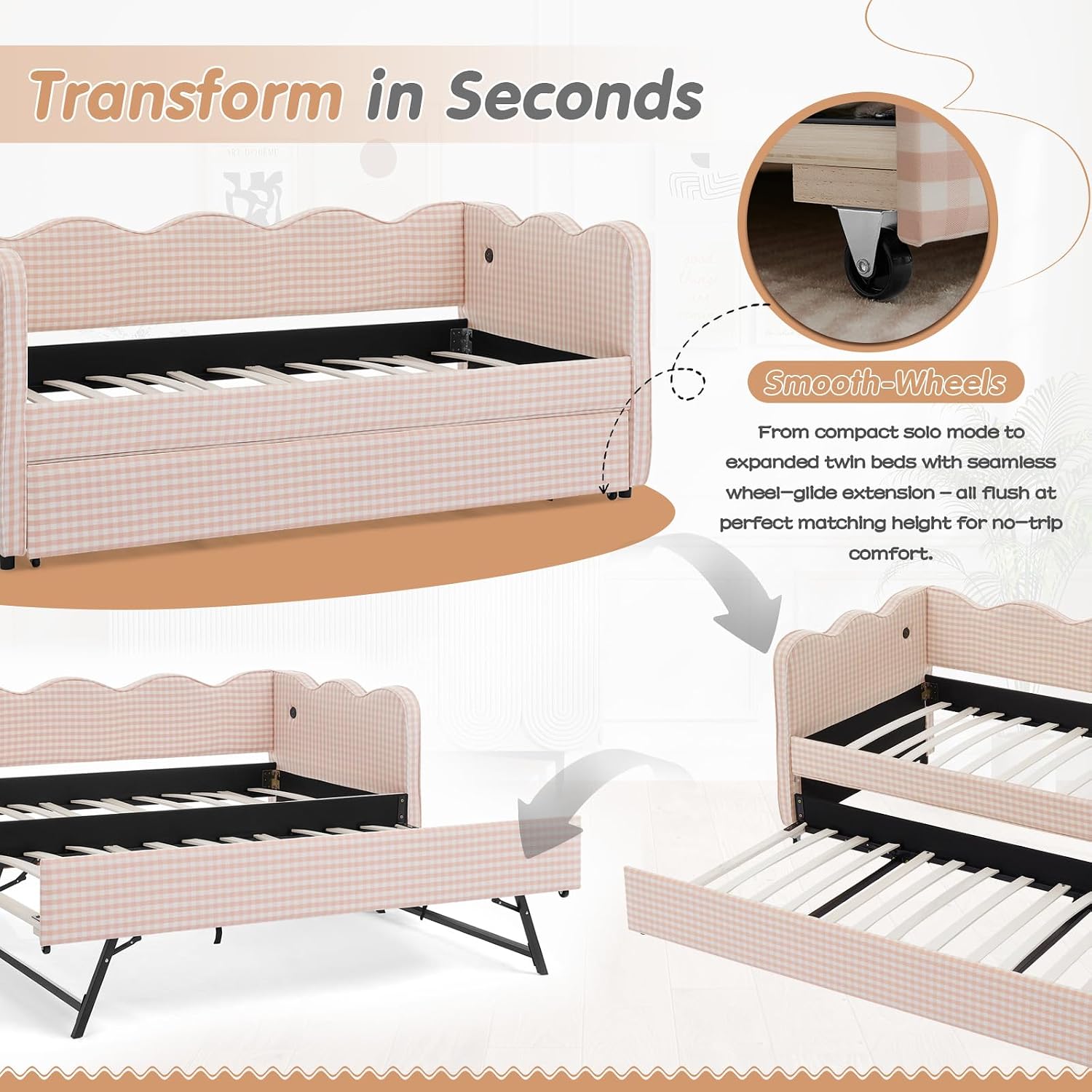 Twin to King Daybed with Trundle, USB Ports Soft Upholstered Daybed with Pop Up Trundle Bed Twin , Modern Extendable Day Bed Frame for Girls Bedroom Living Room Guest Room Small Places Apricot Pink