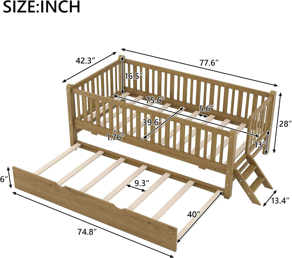 VilroCaz Twin Size Platform Bed with Guardrail and Trundle, Wood Kids Platform Bed Frame with Two-Step Ladder for Boys Girls, Sturdy Slats Support (Walnut-1.26T)