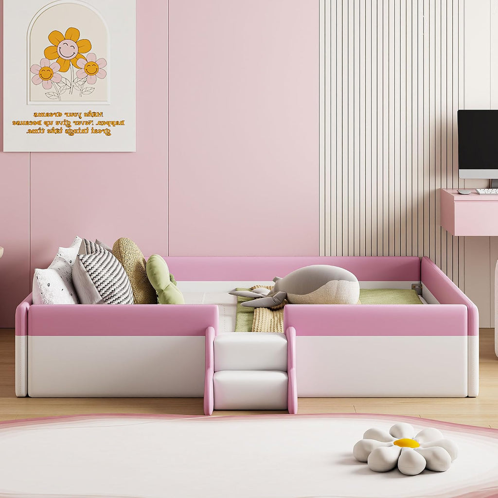 VilroCaz Queen Size Upholstered Daybed Frame with Fence and Stairs, Montessori Kids Floor Bed with Sturdy Slat Support for Kids Boys Girls
