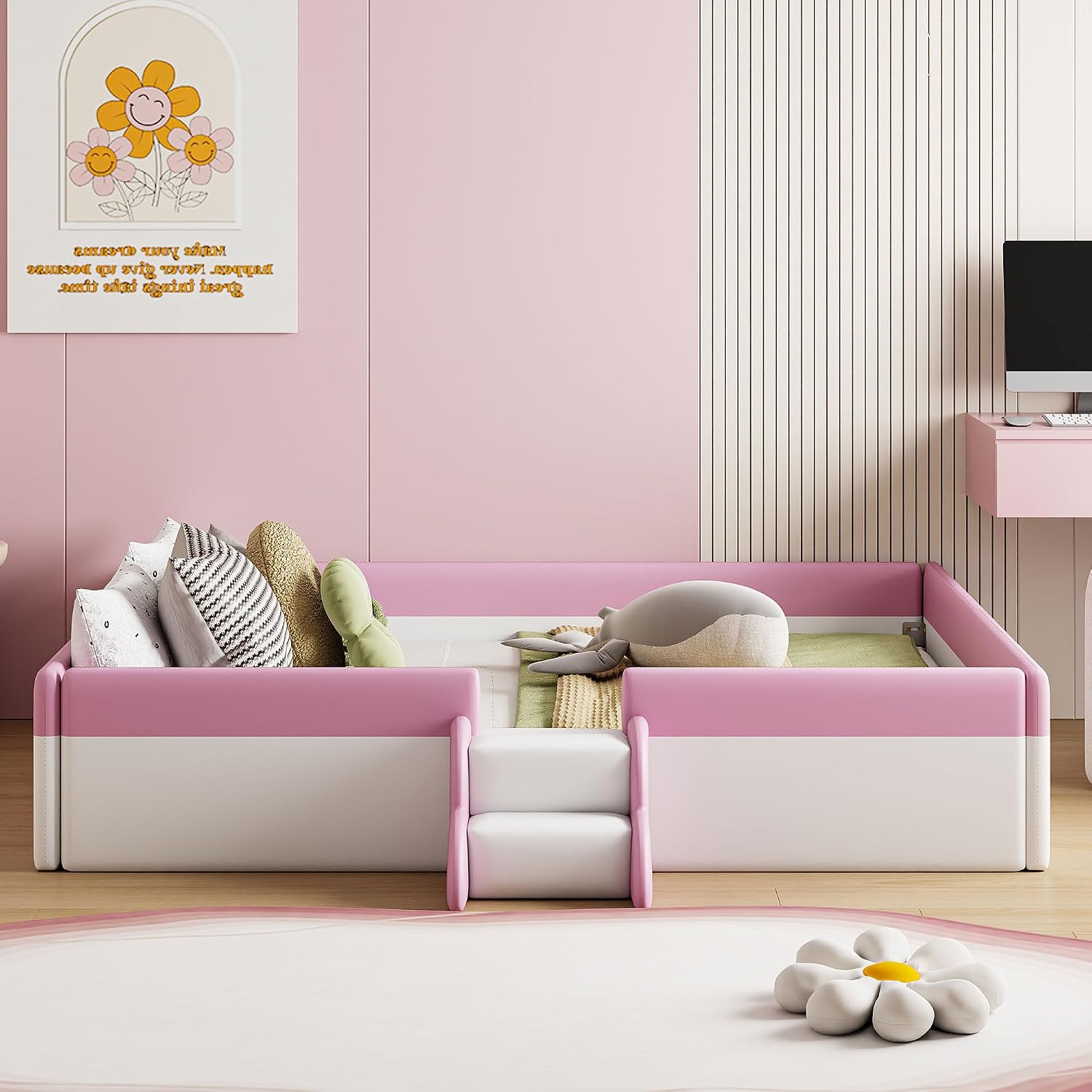 VilroCaz Queen Size Upholstered Daybed Frame with Fence and Stairs, Montessori Kids Floor Bed with Sturdy Slat Support for Kids Boys Girls
