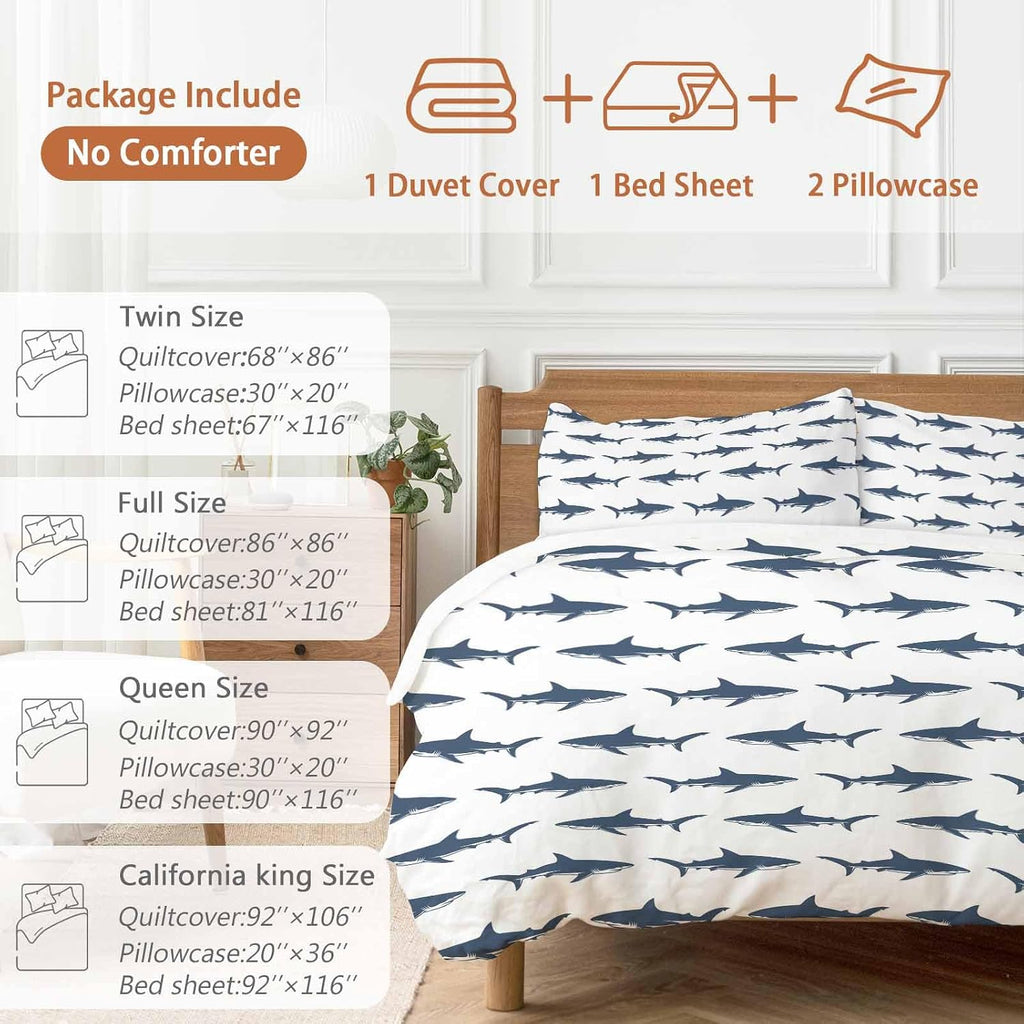 Prime Leader Abstract Sharks Duvet Cover Set Queen Size 4 Pieces Navy Blue Fish Simple Style Ocean Life Bedding Set with Zipper Closure, 1 Comforter Cover 86x86 Inches 1 Flat Sheet & 2 Pillow Cases