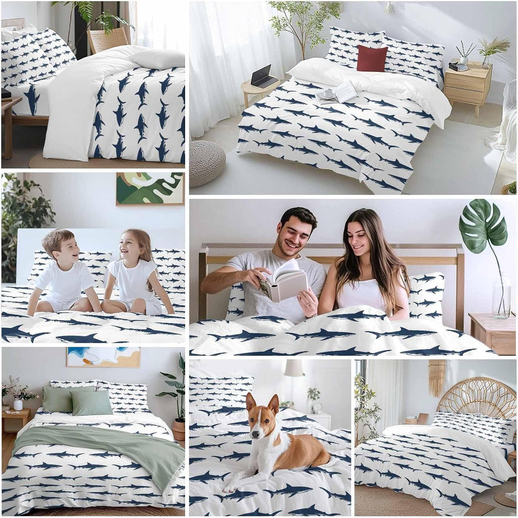 Prime Leader Abstract Sharks Duvet Cover Set Queen Size 4 Pieces Navy Blue Fish Simple Style Ocean Life Bedding Set with Zipper Closure, 1 Comforter Cover 86x86 Inches 1 Flat Sheet & 2 Pillow Cases