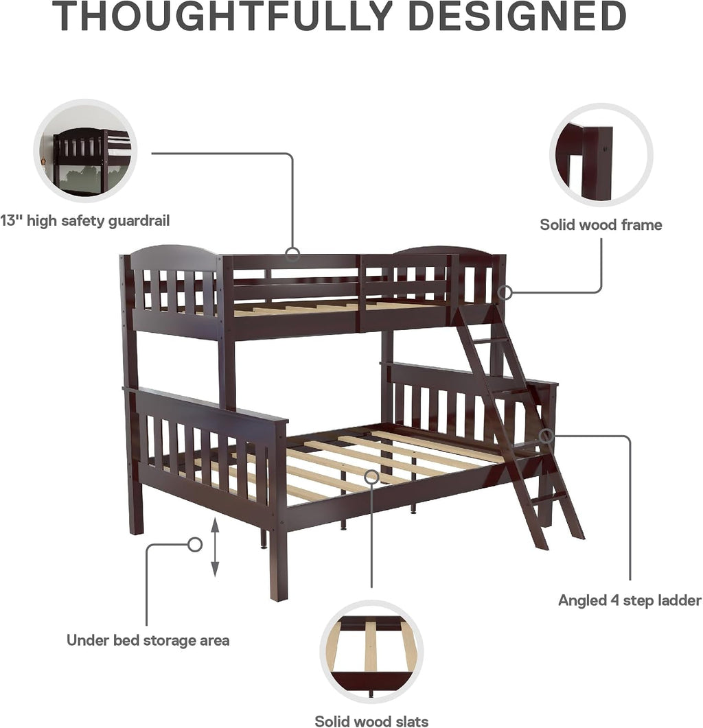 DHP Airlie Convertible Wood Bunk Bed Twin Over Full Size, Stackable and Detachable Bed Frames for Kids, Teens, Angled Ladder, High Guardrail, Wood Slats, No Boxspring Required, Espresso
