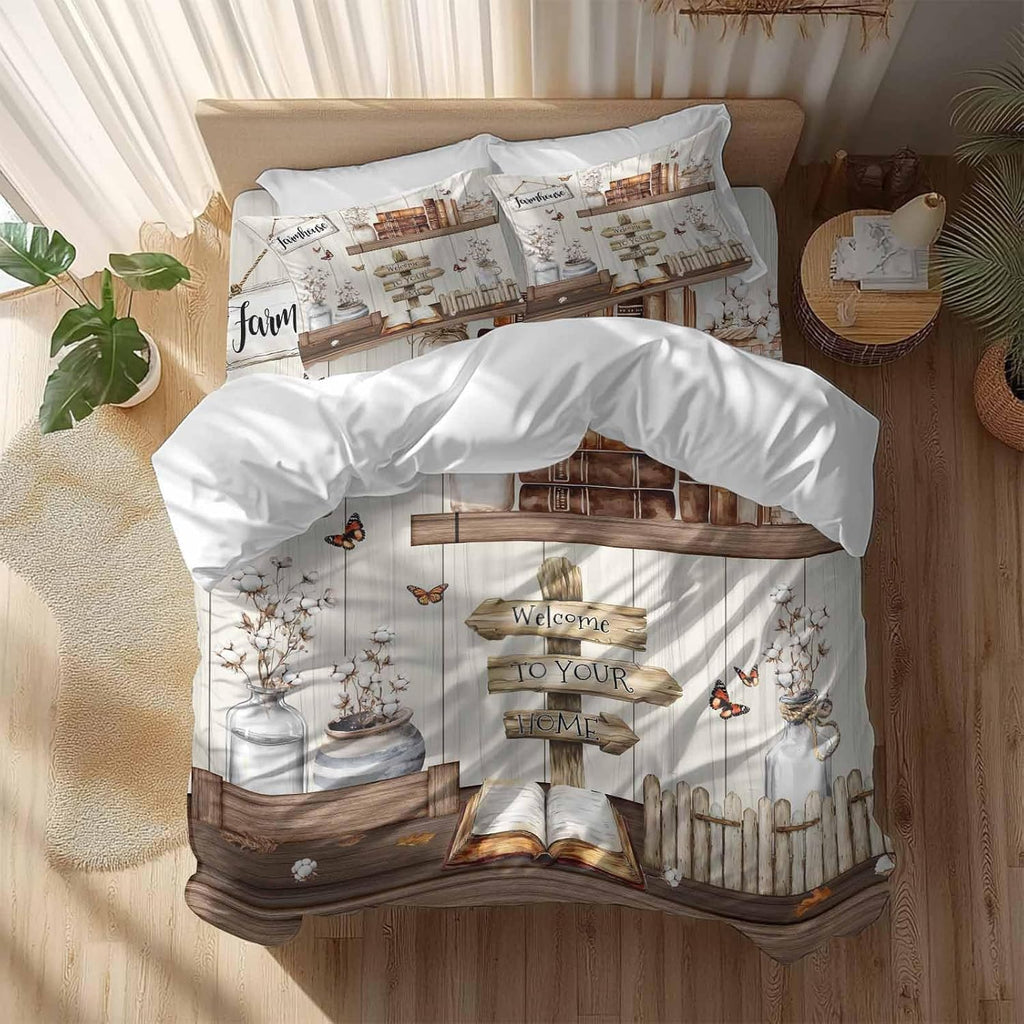 Prime Leader Vintage Duvet Cover Set Queen Size 4 Pieces Welcome to Your Home Farmhouse Cotton Bottle Bedding Set with Zipper Closure, 1 Comforter Cover 92x106 Inches 1 Flat Sheet & 2 Pillow Cases