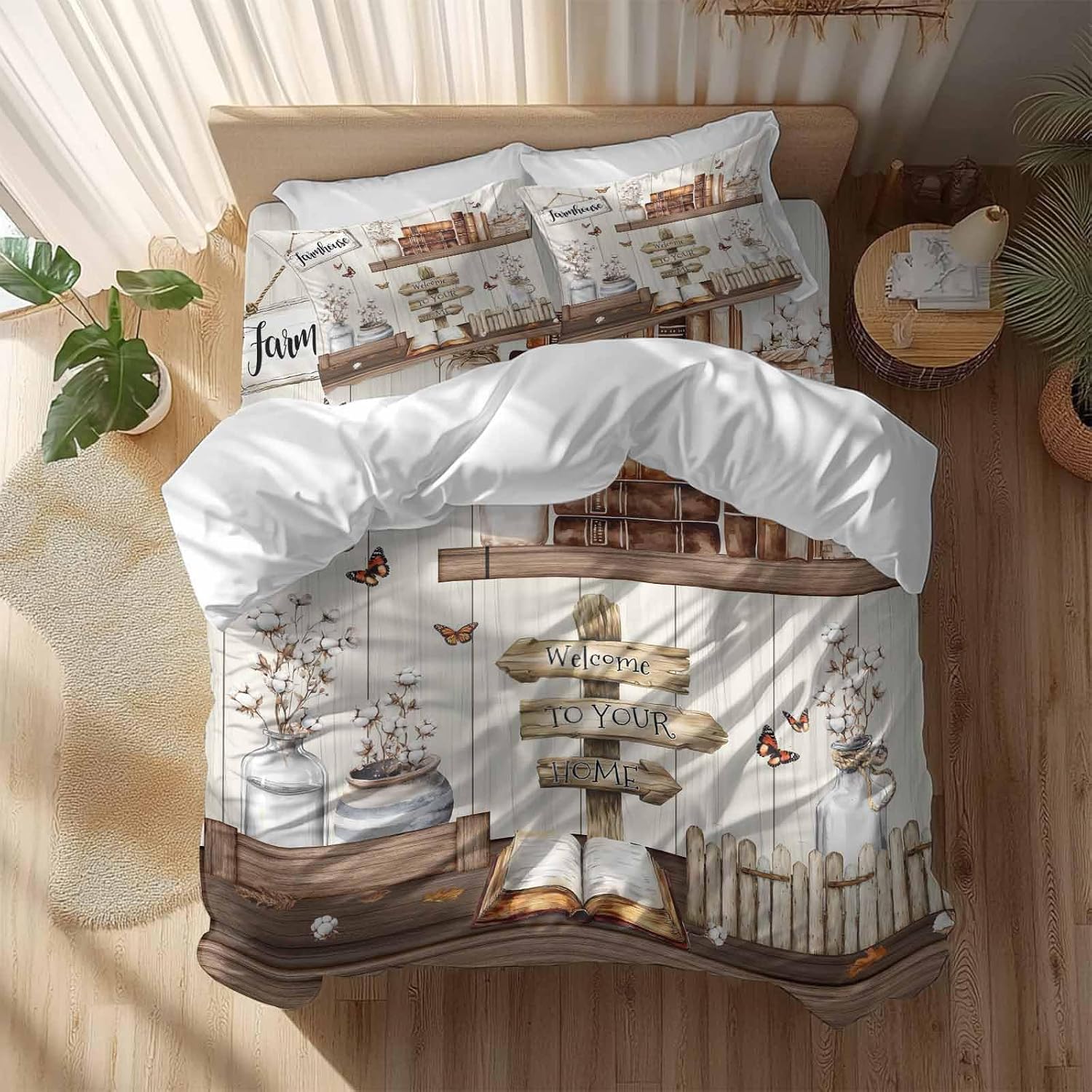 Prime Leader Vintage Duvet Cover Set Queen Size 4 Pieces Welcome to Your Home Farmhouse Cotton Bottle Bedding Set with Zipper Closure, 1 Comforter Cover 92x106 Inches 1 Flat Sheet & 2 Pillow Cases