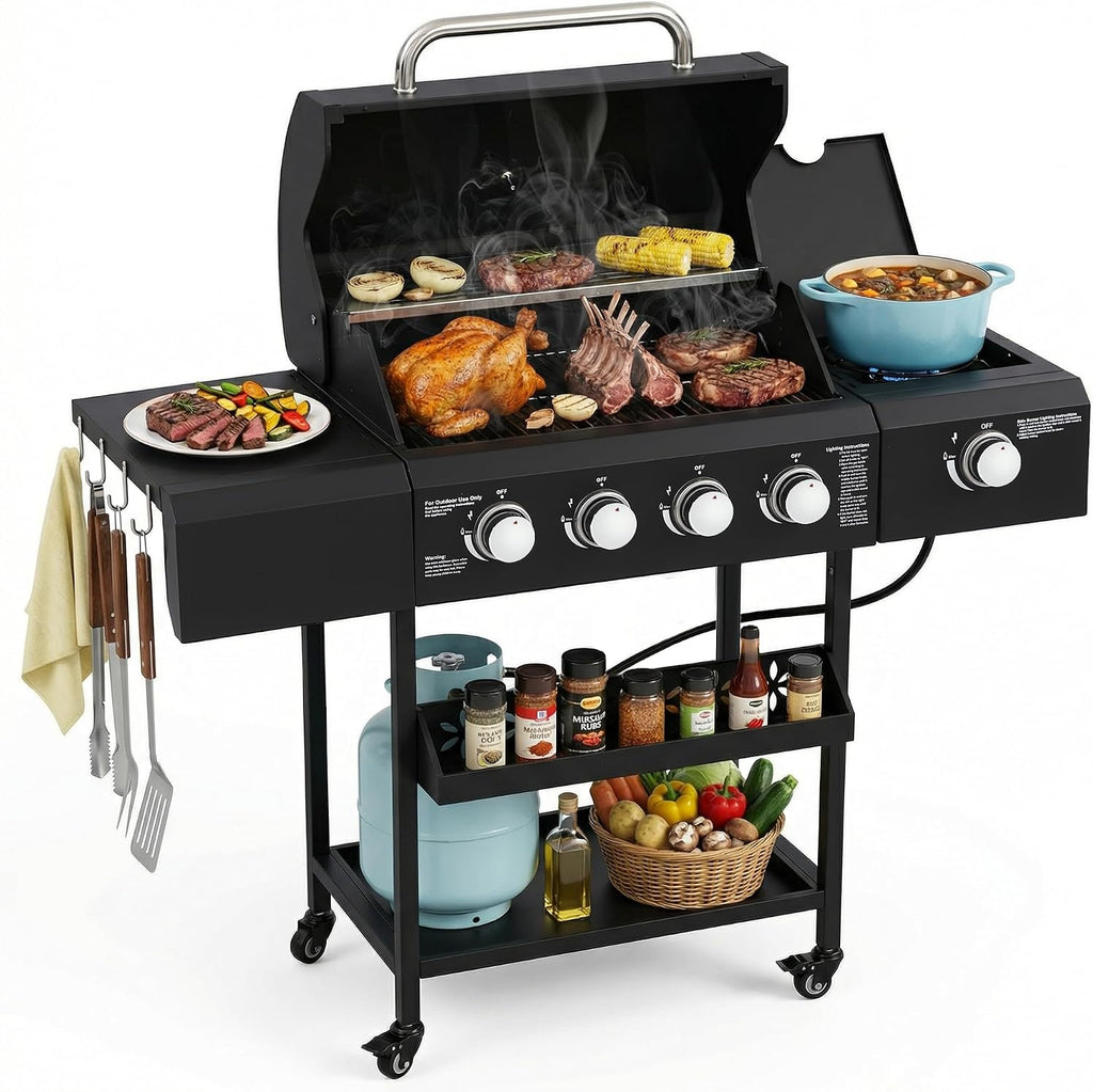 4-Burner Propane Gas Grill with Side Burner, 50,000 BTU Output Portable Outdoor BBQ Grill with Wheels, Stainless Steel Grates, Side Table and Spice Rack for Backyard, Patio, Camping