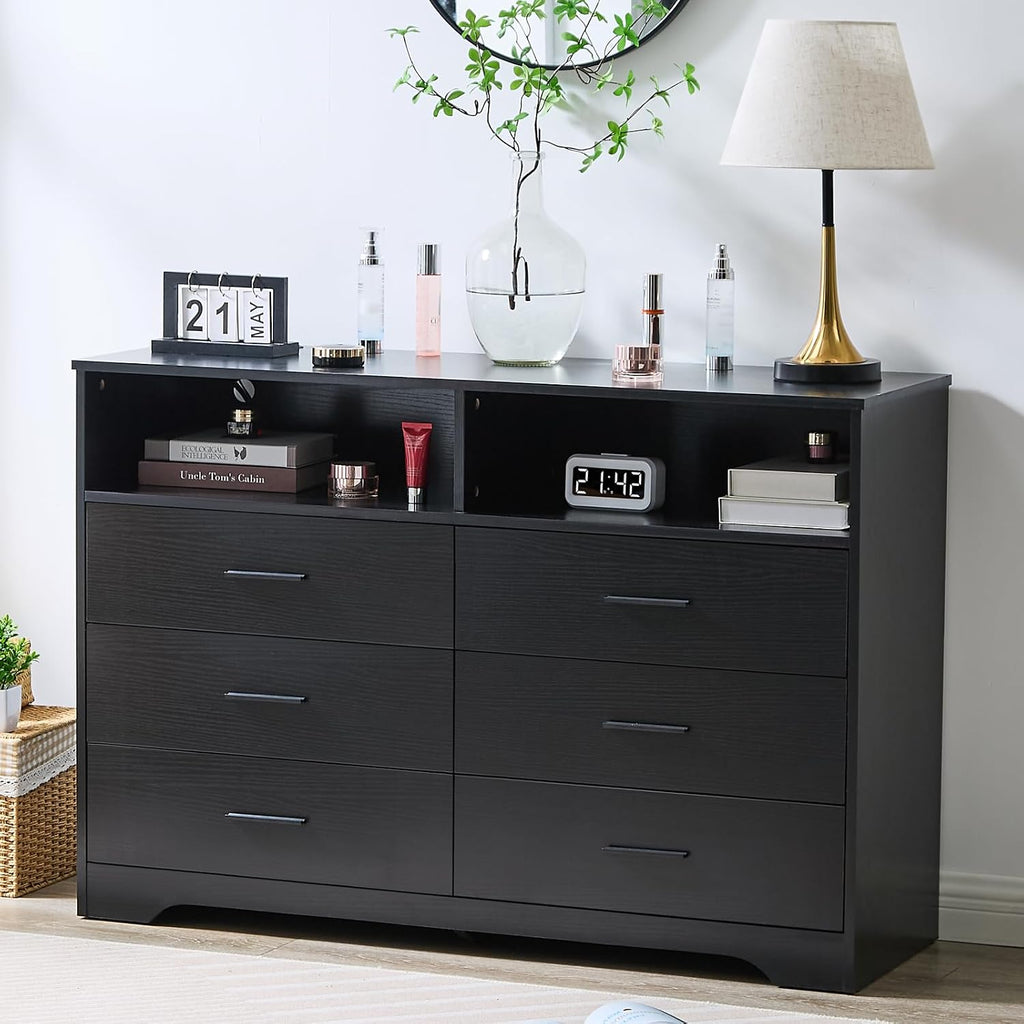 LIDYUK Black Dresser for Bedroom, 6 Drawer Dressers & Chests of Drawers, Modern Wood Dresser with Charging Station and LED Lights, 48 Inch Wide Chest of Drawers for Bedroom, Hallway, Living Room