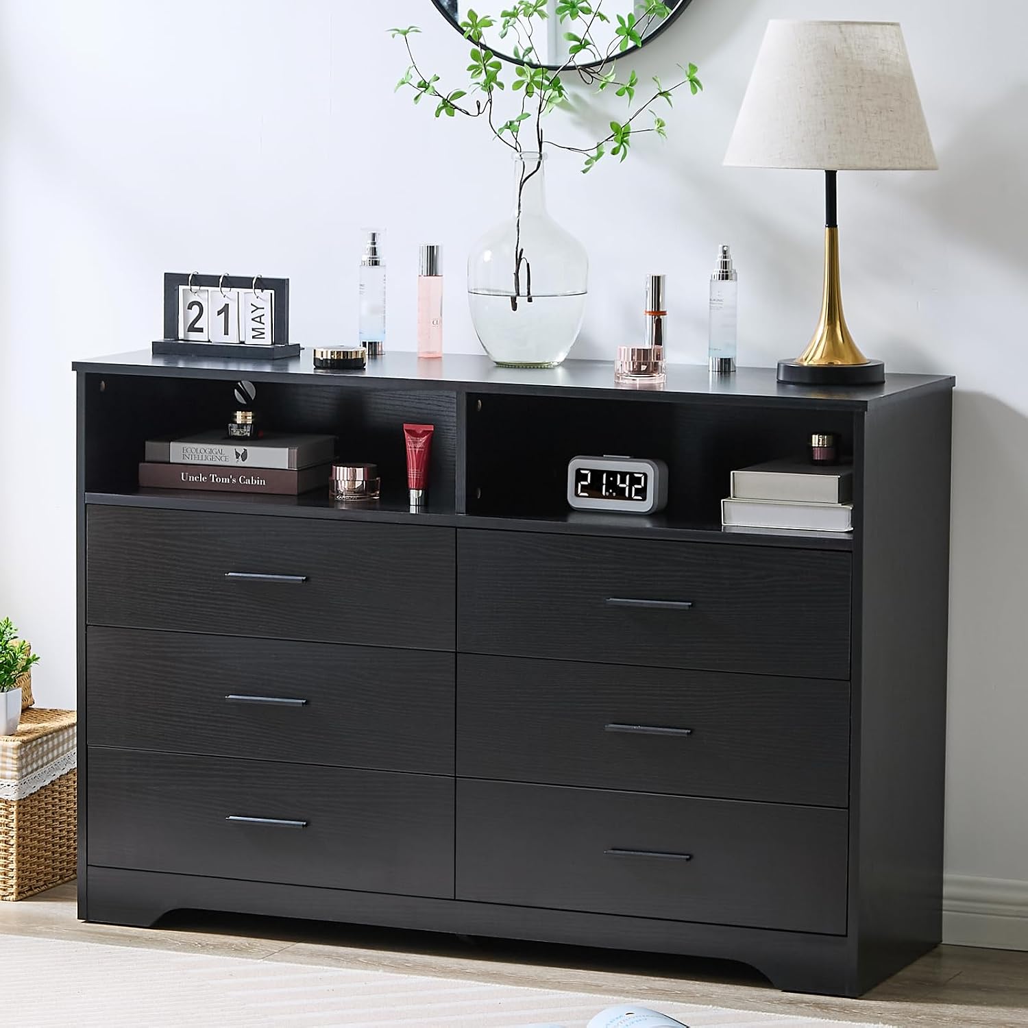 LIDYUK Black Dresser for Bedroom, 6 Drawer Dressers & Chests of Drawers, Modern Wood Dresser with Charging Station and LED Lights, 48 Inch Wide Chest of Drawers for Bedroom, Hallway, Living Room