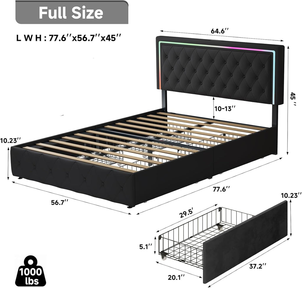 LED Full Size Bed Frame with Headboard and Storage,Full Bed Frame with 4 Storage Drawers and LED Lights,Velvet Upholstered Platform Bed Frame Full Size with Charging Station,No Box Spring Needed,Black