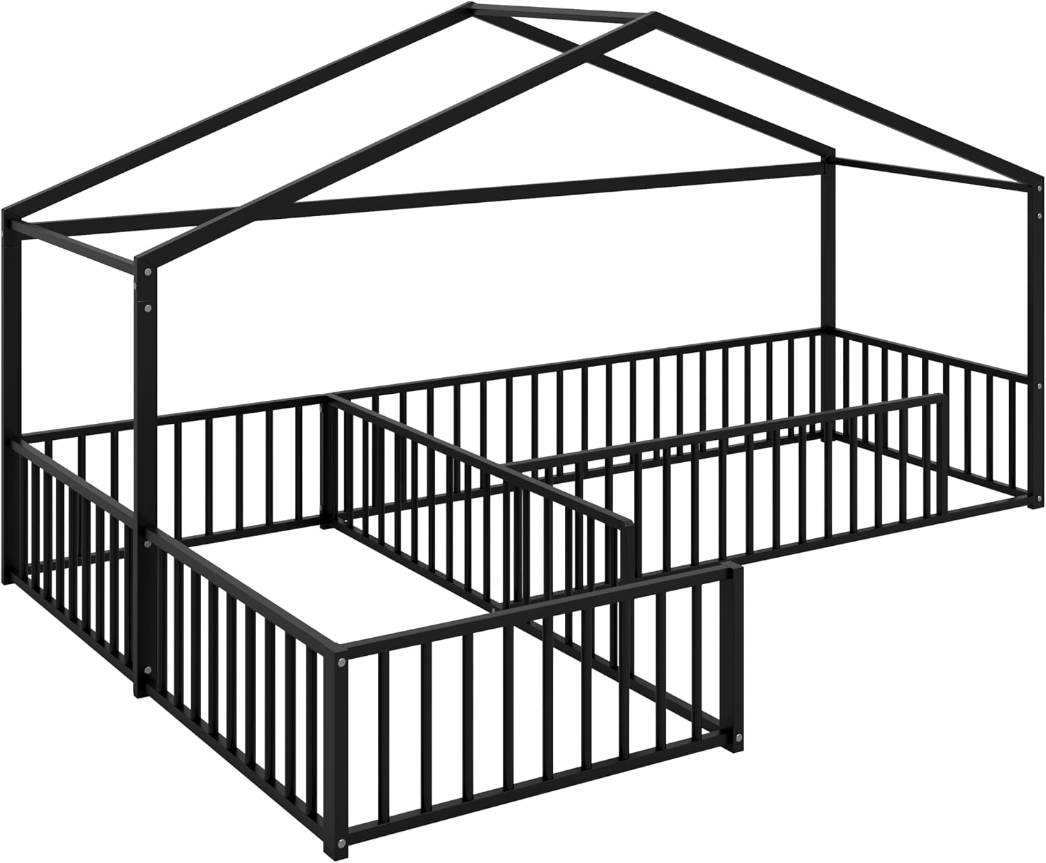 Double Twin Size L-Shaped Montessori Floor Bed Without Slats, Metal Corner House Bed Frame with Fence, Black