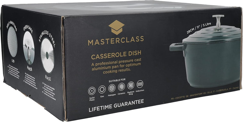 Master Class Large Casserole Dish with Lid, Lightweight Cast Aluminium, Induction Hob and Oven Safe, Hunter Green Colour, 5 Litre/28 cm