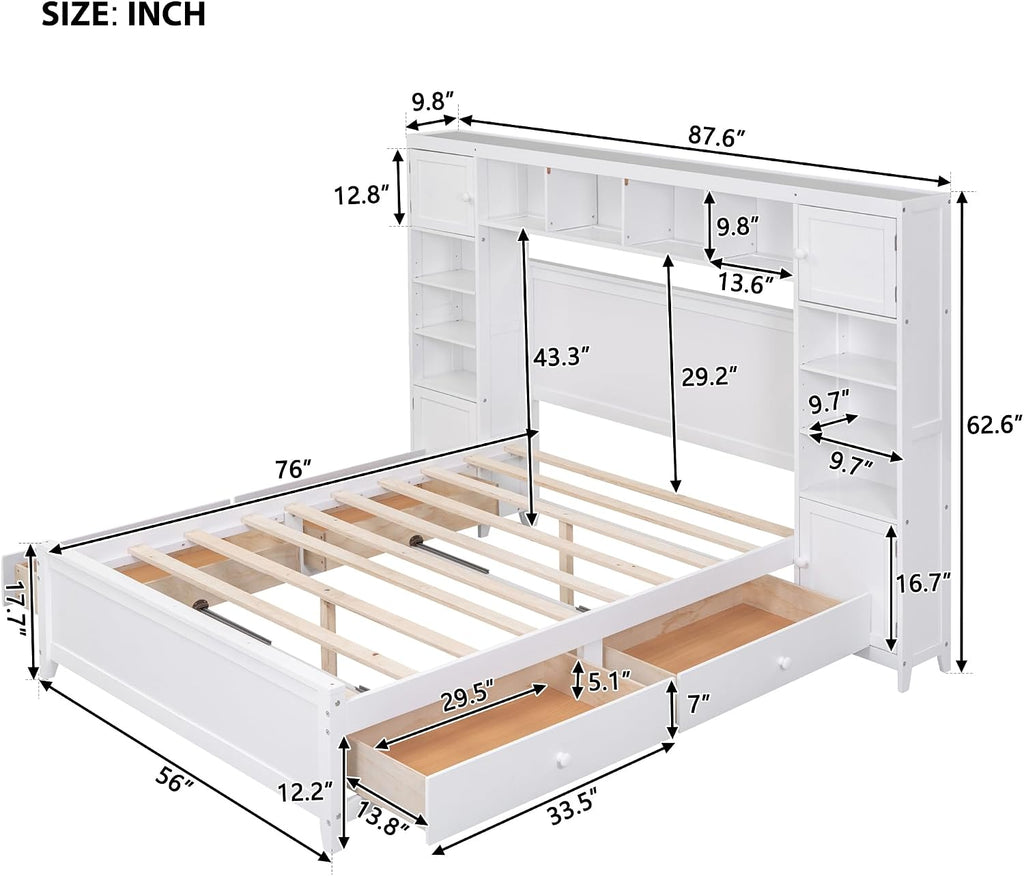 MERITLINE Full Platform Bed with Storage Headboard,Drawers and Charging Station,Solid Wood Full Bed Frame with Storage Cabinet and Shelves for Adults (White)