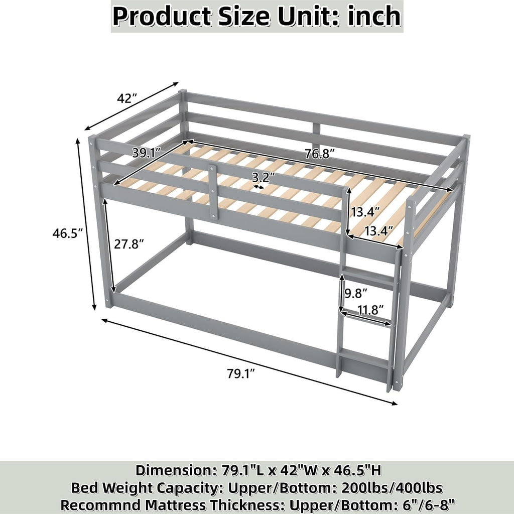 Low Bunk Bed Twin Over Twin, Solid Wood Floor Bunk Bed Frame with Ladder & Safety Guardrails, Twin Bunk Beds for Kids Boys and Girls, Saving Space, No Box Spring Needed, Gray