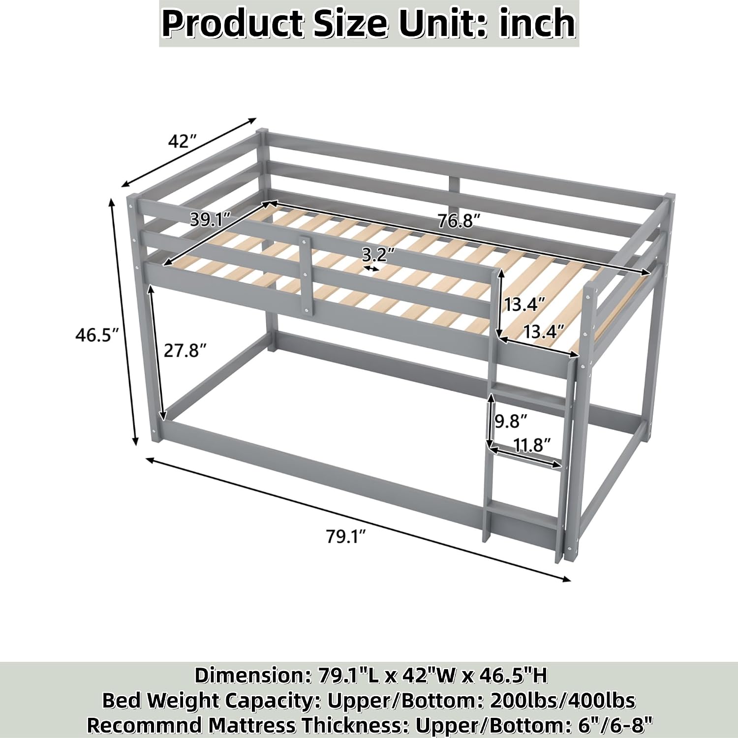 Low Bunk Bed Twin Over Twin, Solid Wood Floor Bunk Bed Frame with Ladder & Safety Guardrails, Twin Bunk Beds for Kids Boys and Girls, Saving Space, No Box Spring Needed, Gray