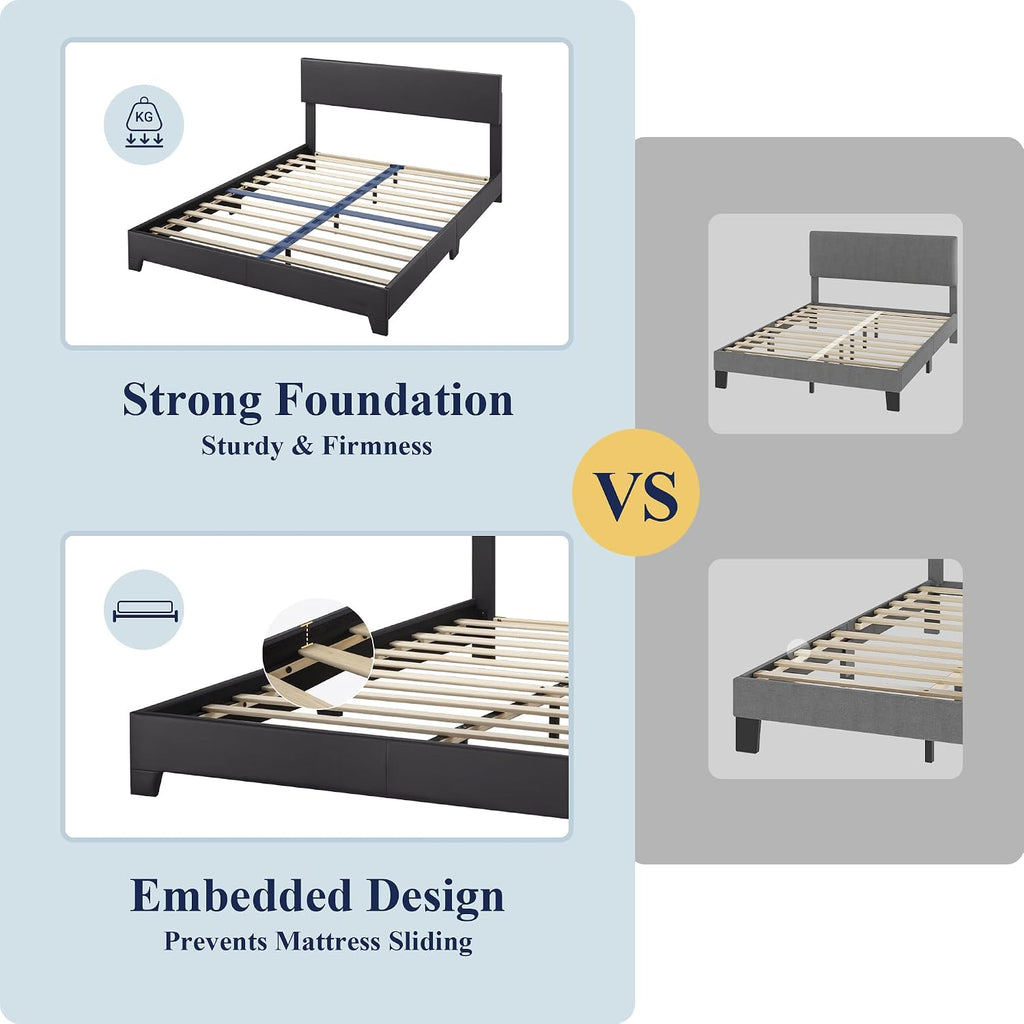 Allewie Full Size Bed Frame with Adjustable Headboard, Faux Leather Platform Bed with Wood Slats, Heavy Duty Mattress Foundation, No Box Spring Needed, Noise-Free, Easy Assembly, Black