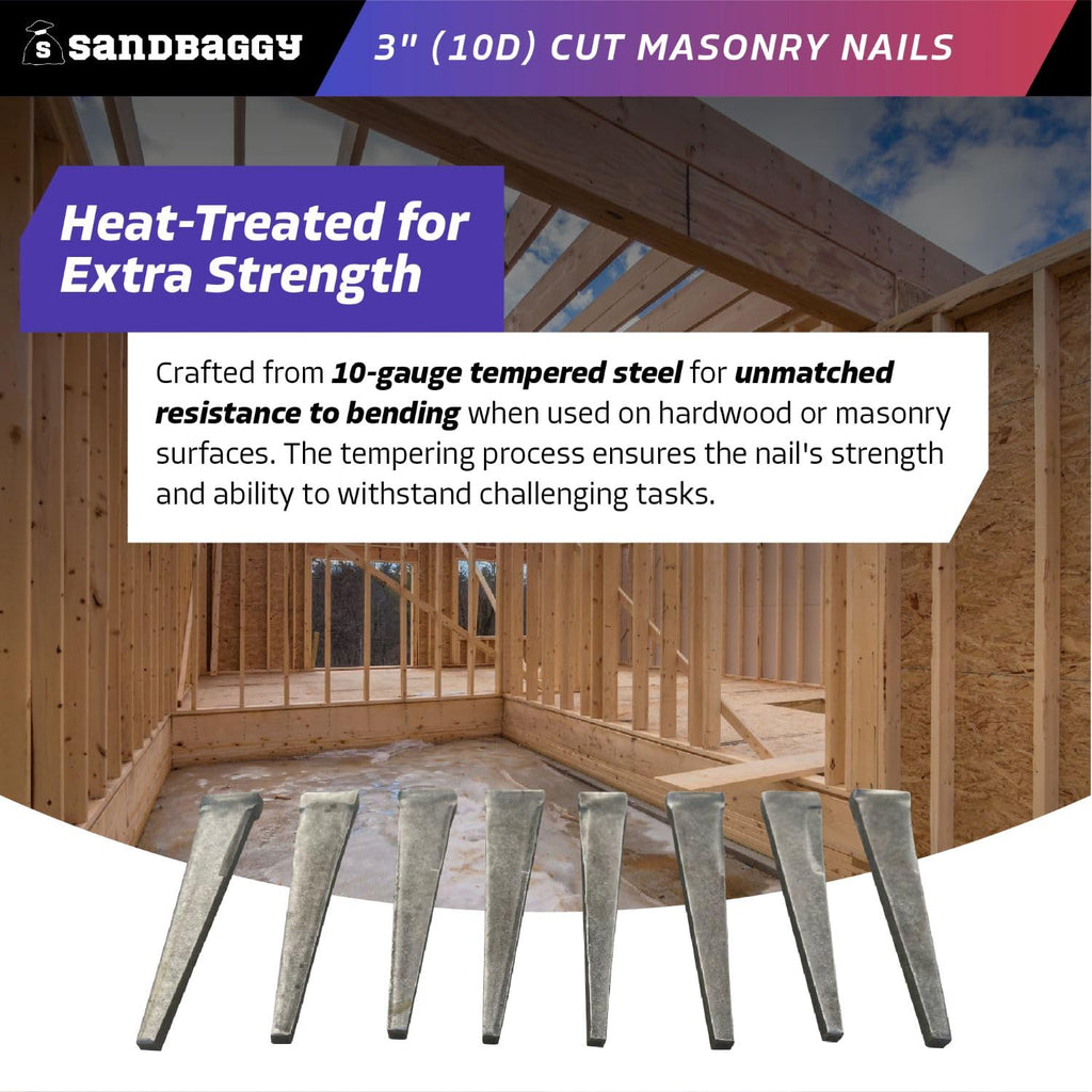 Sandbaggy 3 inch (10D) Square Cut Masonry Nails for Concrete, Brick, Mortar - 1/2' Wide Flat Heads - Construction, Cement, Brick Walls (1900)
