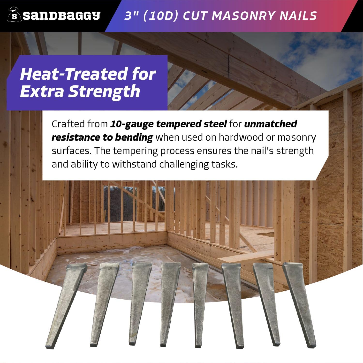 Sandbaggy 3 inch (10D) Square Cut Masonry Nails for Concrete, Brick, Mortar - 1/2' Wide Flat Heads - Construction, Cement, Brick Walls (1900)