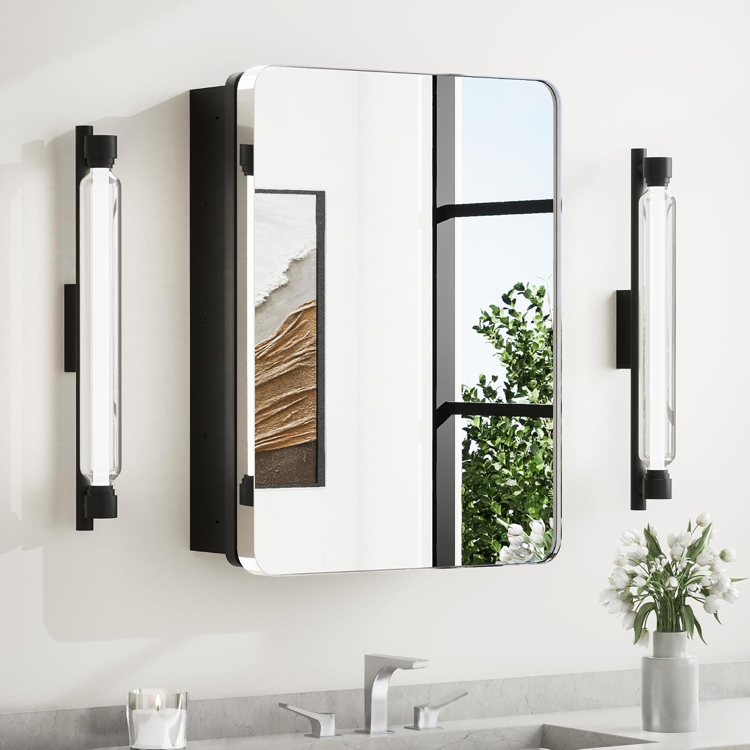 TETOTE 24 X 32 Medicine Cabinet Mirror Polished Chrome Stainless Steel Framed Bathroom Mirror Cabinet with Adjustable Shelves Recessed Mounted/Surface Mounted Medicine Cabinet with Mirror