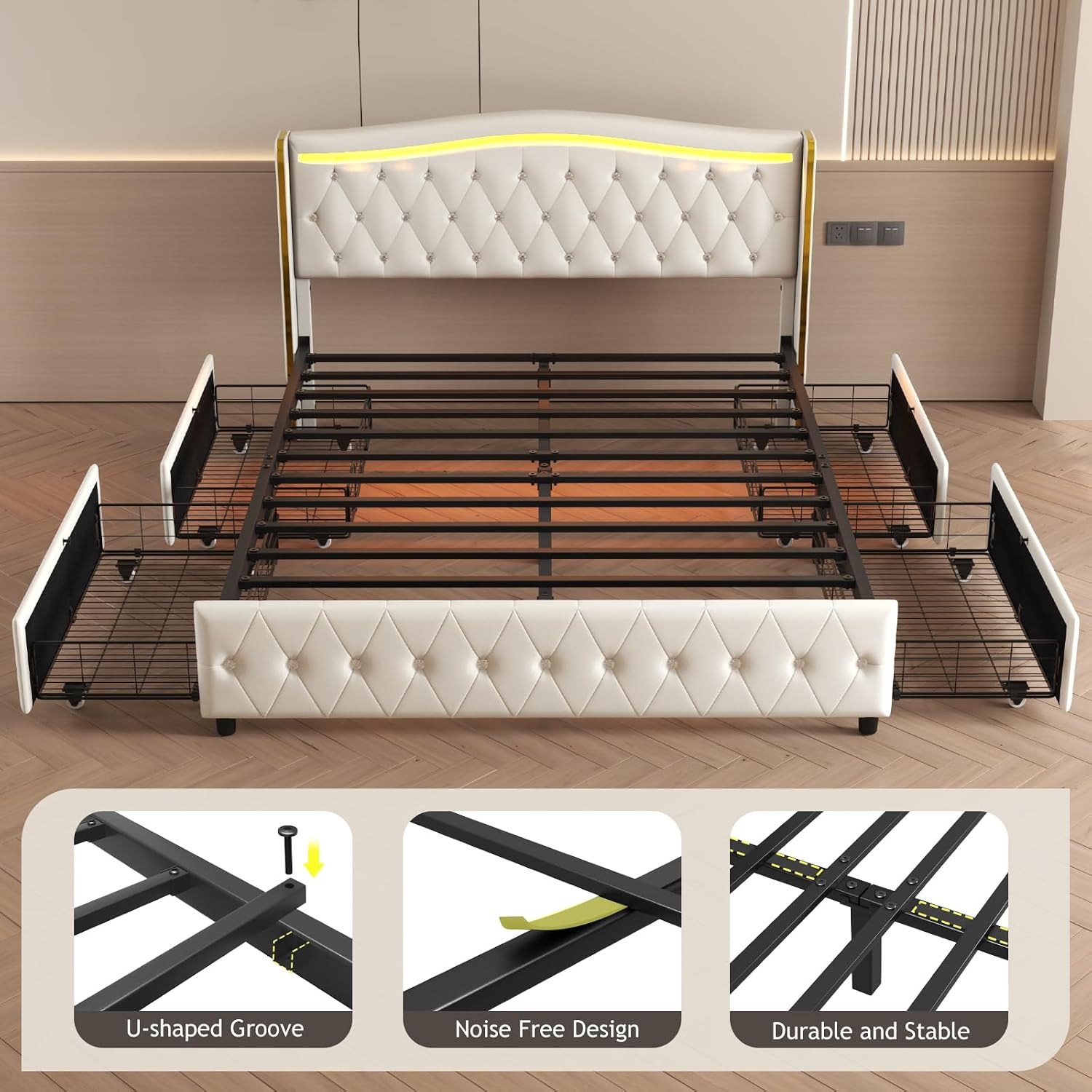 E-Motie Queen Bed Frame with Wingback Headboard, Upholstered Platform Bed with RGB LED Lights, Charging Station, 4 Storage Drawers & Metal Slat Support, No Box Spring Needed, White