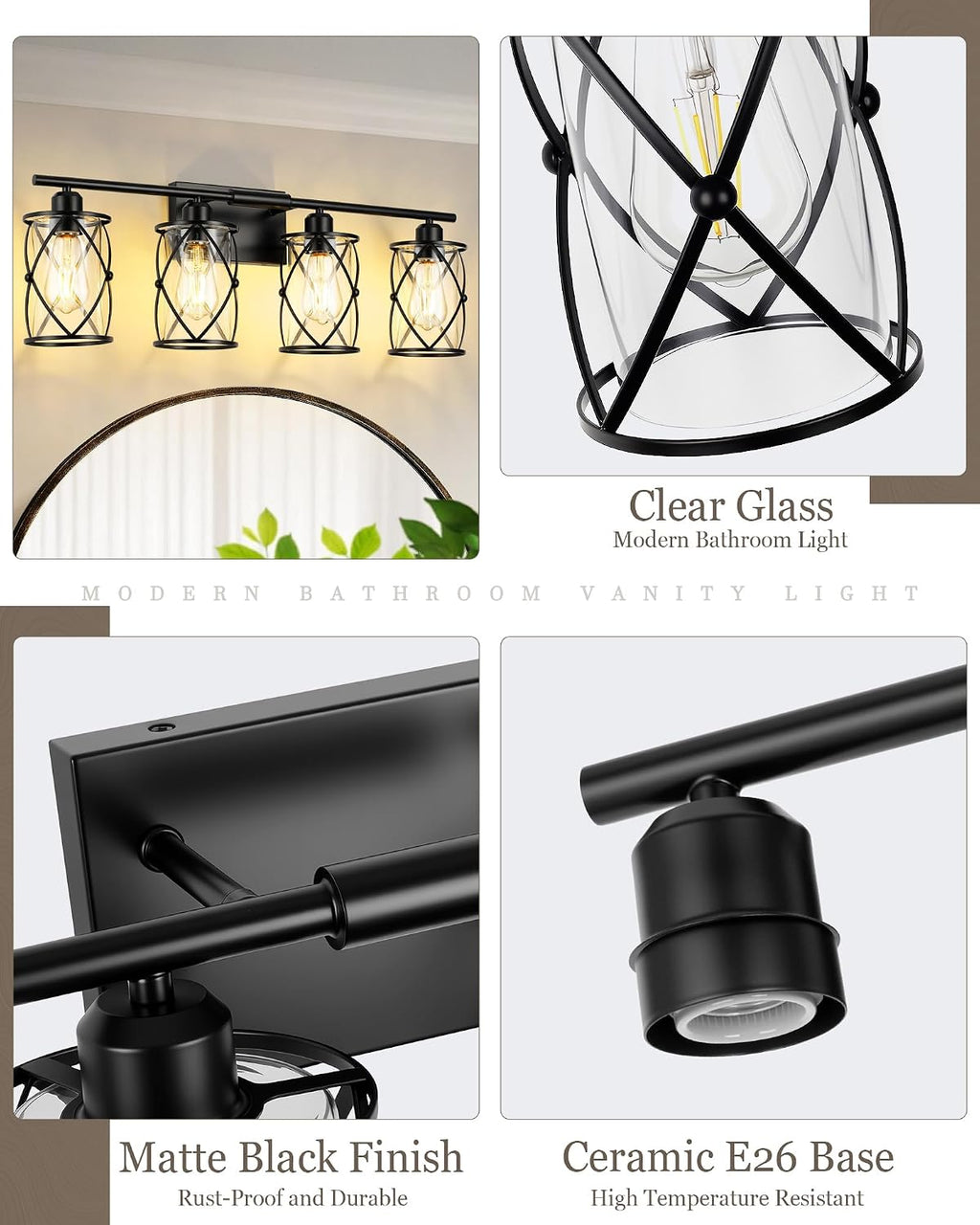 4-Light Black Bathroom Light Fixtures, 29 Inch Modern Bathroom Vanity Lighting Fixtures Over Mirror with Clear Glass and Metal Cage Wall Sconce Lights for Bath, E26, CH9176BK-4W
