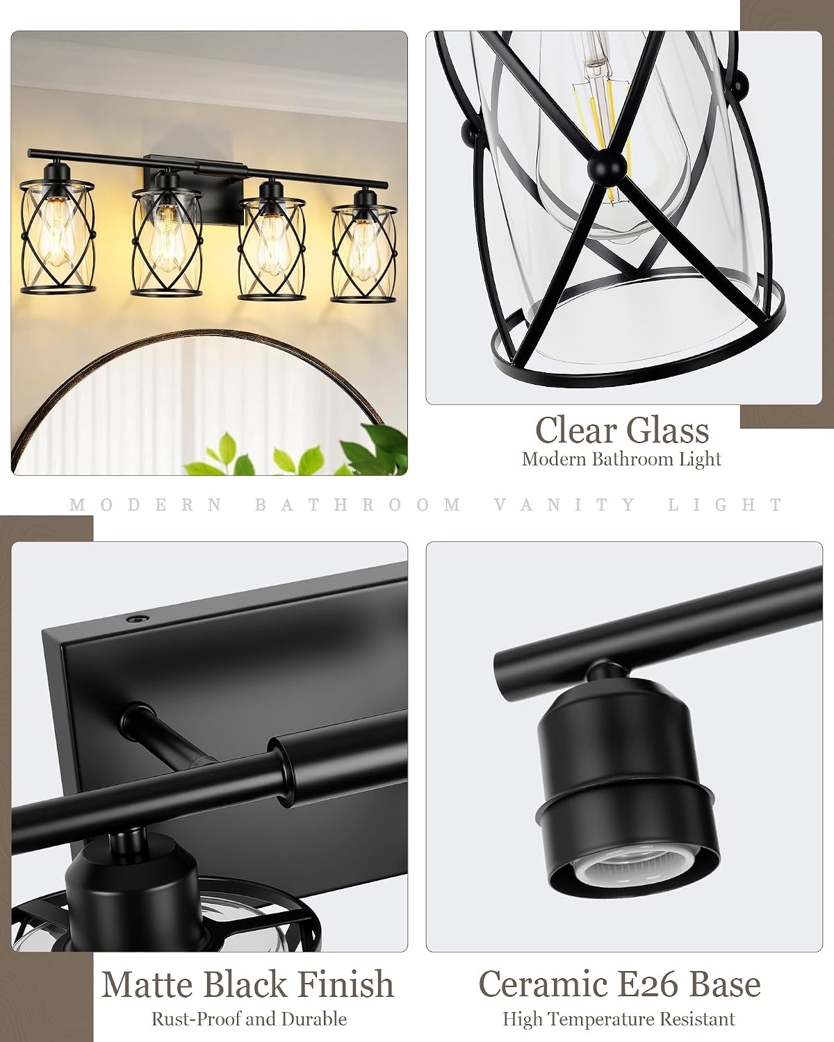 4-Light Black Bathroom Light Fixtures, 29 Inch Modern Bathroom Vanity Lighting Fixtures Over Mirror with Clear Glass and Metal Cage Wall Sconce Lights for Bath, E26, CH9176BK-4W