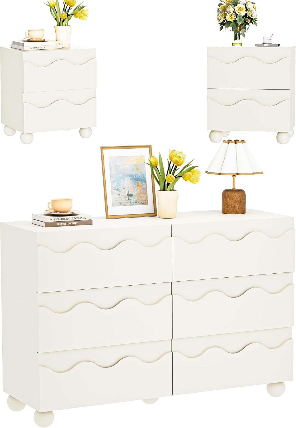 Anbuy Bedroom Sets 3 Pieces, Begie Scalloped Sets for Bedroom, Combo 3 Pieces