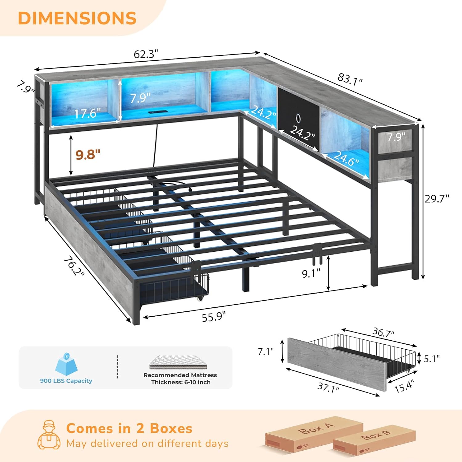 DICTAC Corner Full Bed Frame with Bookcase Storage and Led Lights Full Size Metal Platform Bed Frame with Storage Drawers & Charging Station Full Daybed for Living Room,Bedroom,Guest Room,Oak Gray