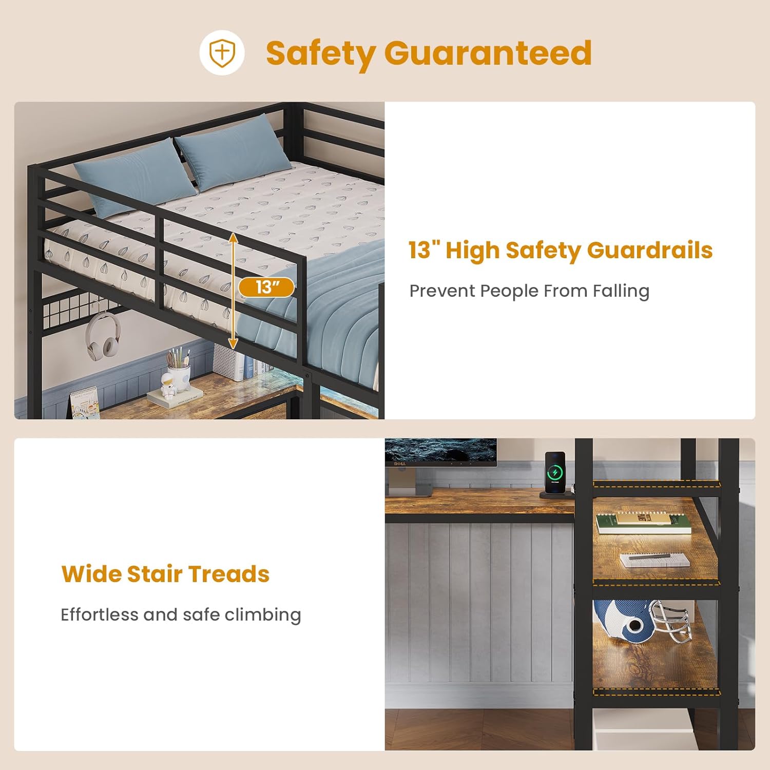 ADORNEVE Loft Bed Full Size with U-Shaped Desk, 6 Storage Drawers, Power Outlet, LED Metal Loft Bed with 2 Storage Shelves, Bed with Safety Guardrail & Ladders, No Box Spring Needed, Rustic Brown