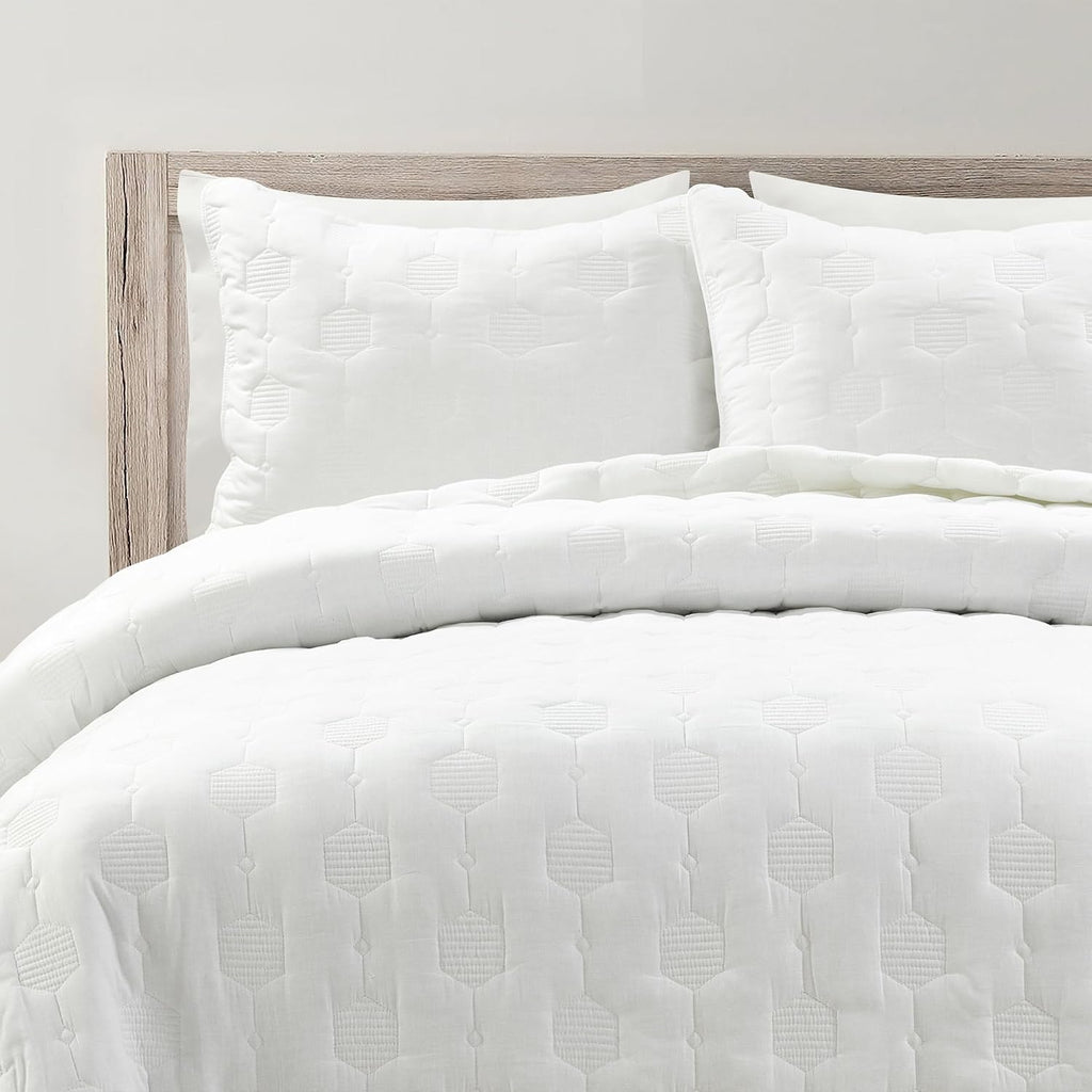Lush Decor Hexagon Honeycomb Embroidered Textured Cotton Quilt 3 Piece Set Full/Queen White - Bedding Set - Geometric White Quilt - Minimalist Modern Decor