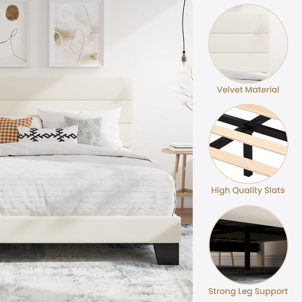 SHA CERLIN Queen Platform Bed Frame with Velvet Upholstered Headboard, Mattress Foundation with Strong Wooden Slats Support, No Box Spring Needed, Cream