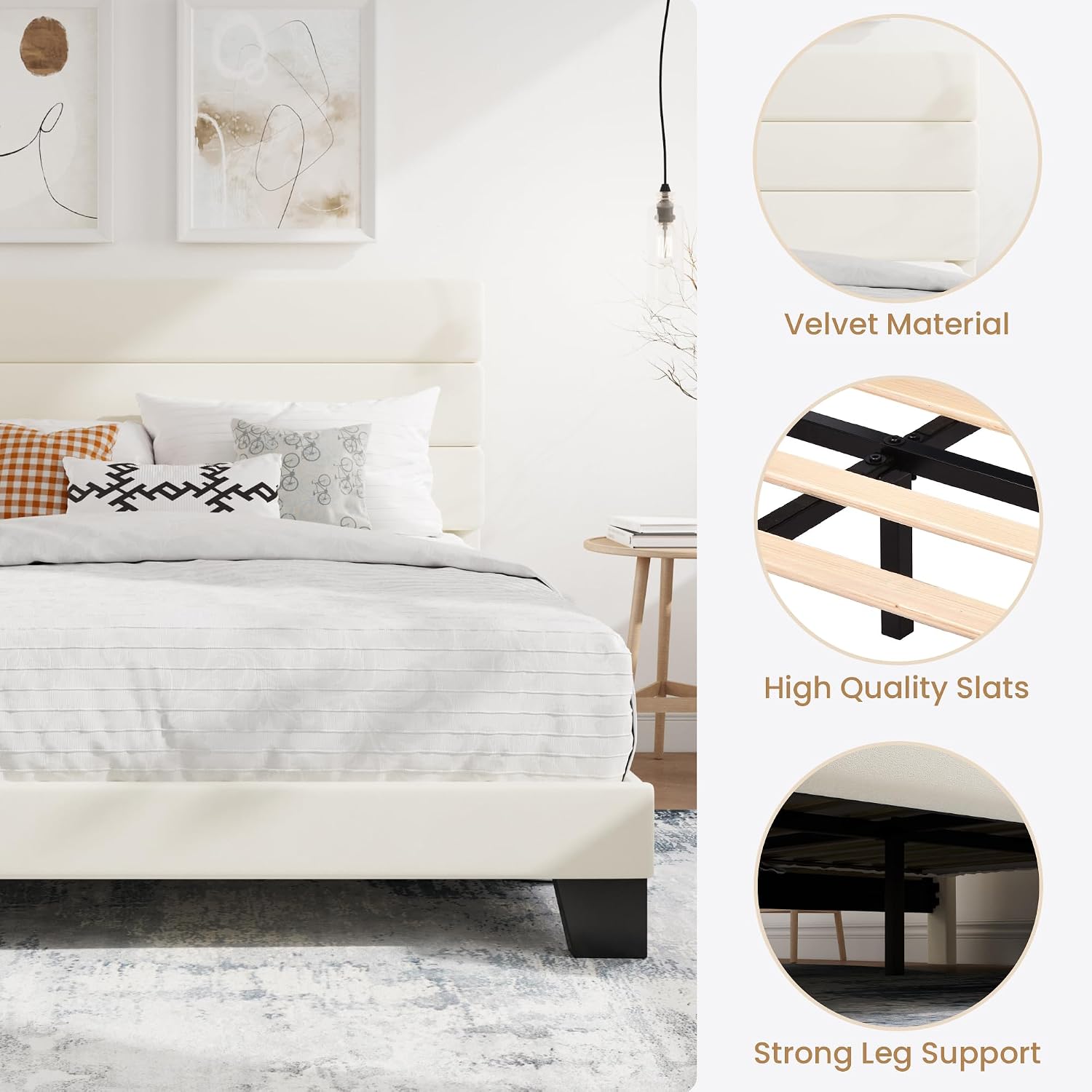 SHA CERLIN Queen Platform Bed Frame with Velvet Upholstered Headboard, Mattress Foundation with Strong Wooden Slats Support, No Box Spring Needed, Cream