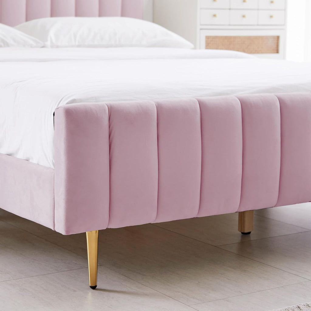 Livinia Twin Size Elton Velvet Platform Bed Set, Upholstered Bed Frame with Vertical Channel Tufted Headboard Footboard with Side Panel Nightstand, No Box Spring Needed, Pink (Twin)