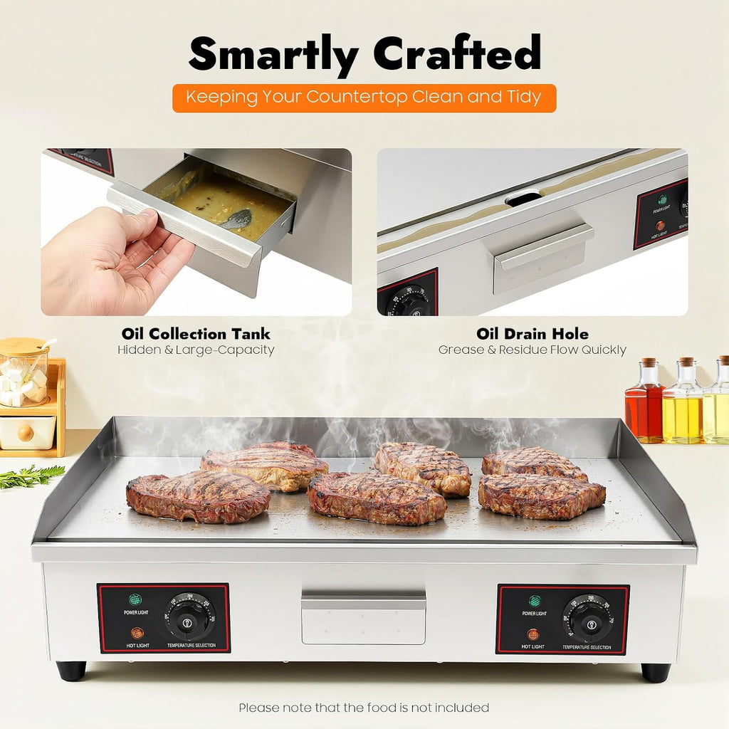 29' Commercial Electric Griddle, 3000w Countertop Flat Top Griddle, Adjustable Temp Control Restaurant Meat Grill for Processing Pancakes, Steaks