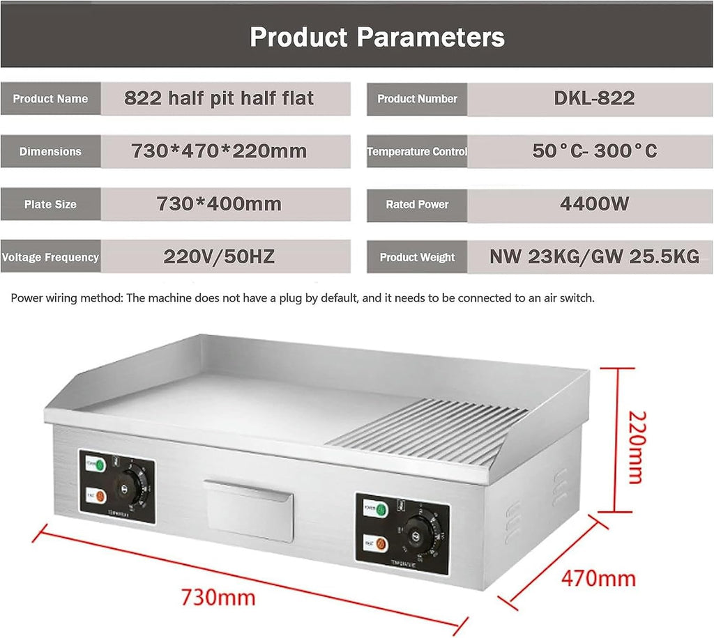 Commercial Electric Griddle, Kitchen BBQ Grill, Stainless Steel Electric Griddle, Nonstick Countertop Hot Plate Commercial BBQ Grill, Two Burners with Thermostatic Control, 110~240V