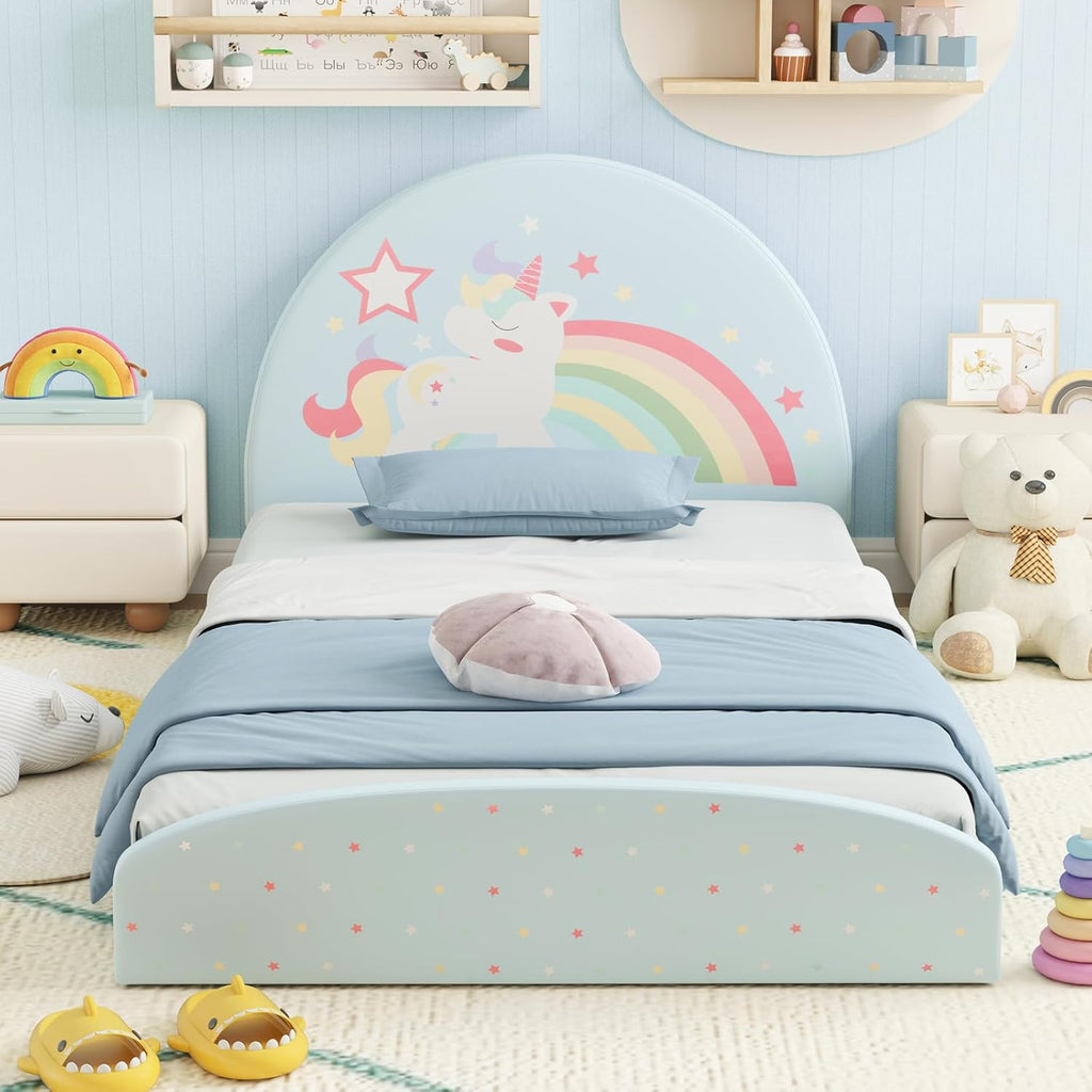 Costzon Twin Floor Bed Frame, Upholstered Kids Bed with 210D Oxford Cloth Floor Mat, Middle Support Slat & Padded Boards, Montessori Floor Bed for 3+ Kids (Blue Rainbow)