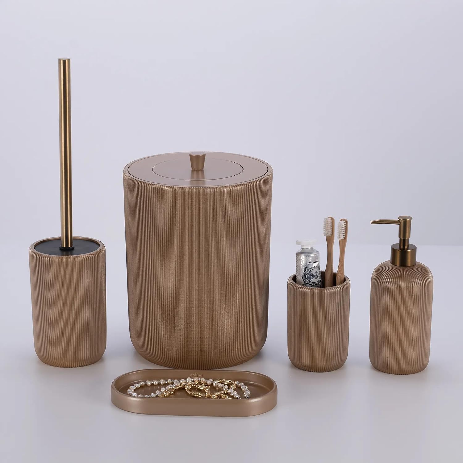 Lydia Collection 5-Piece Resin Bathroom Accessories Set – Toilet Brush Holder, Waste Bin, Soap Dispenser, Tray & Toothbrush Holder (Mink)