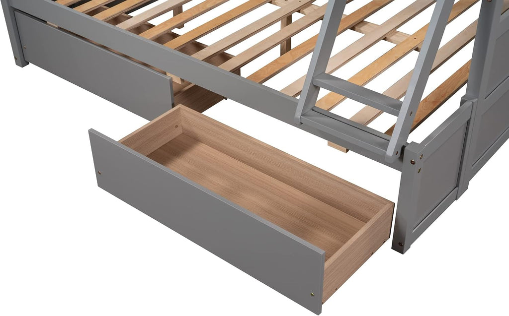 Merax Twin Over Full Bunk Bed, Wood Bunk Bed with Removable Ladders and Two Storage Drawers, Convertible into Two Individual Beds (Grey)