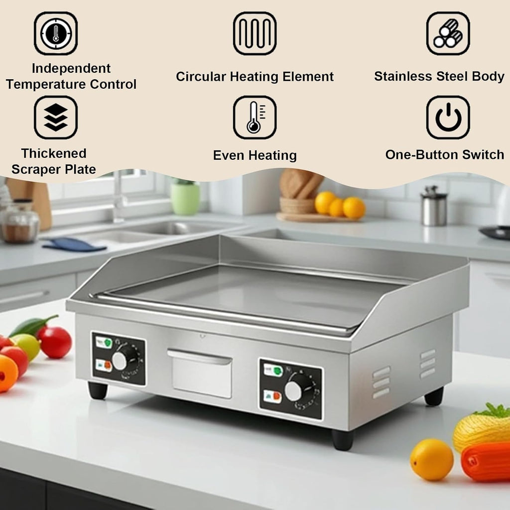 Electric Kitchen Griddle, Flat Top Grill for Countertop, 3000 W, Stainless Steel Countertop Electric Griddle Nonstick, 8mm thick iron plate, for Indoor and Restaurant 45 * 40 * 21CM