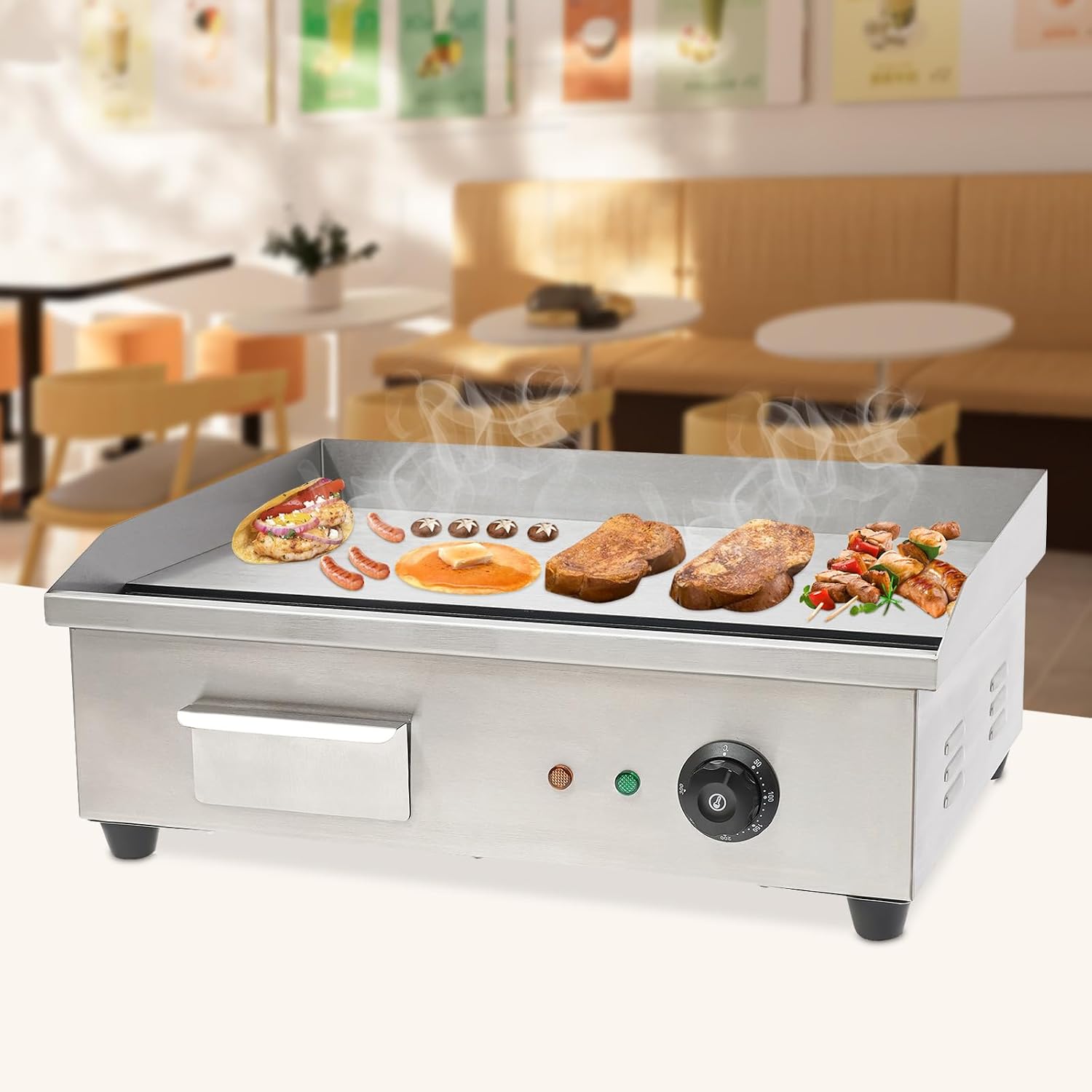 Commercial Electric Griddle, Teppanyaki Stainless Steel BBQ Flat Top Grill Hot Plate, 3000W Countertop Griddle Adjustable Thermostatic Control 122-572℉ Electric Griddle for Kitchen (1*Button)