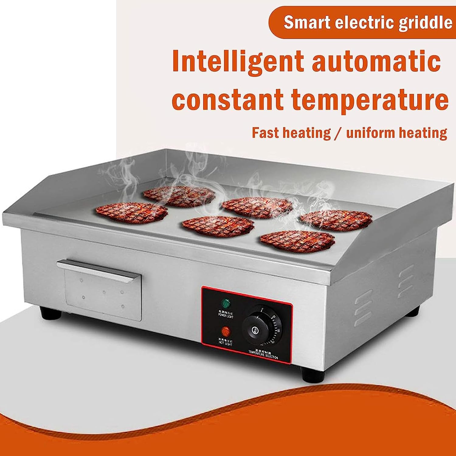 220V 3000W 21' Commercial Electric Countertop Griddle Flat Top Grill Hot Plate BBQ Adjustable Thermostatic Control 122°F-572°F Stainless Steel Restaurant Grill for Kitche