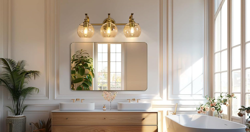 ANDY STAR Bruhsed Gold Bathroom Light Fixtures, Gold 3 Light Bathroom Vanity Lights, 3 Lights Wall Light with Globe Clear Lampshade, Vintage Brass Sconce with Metal Lamp Body for Bedroom, Living Room
