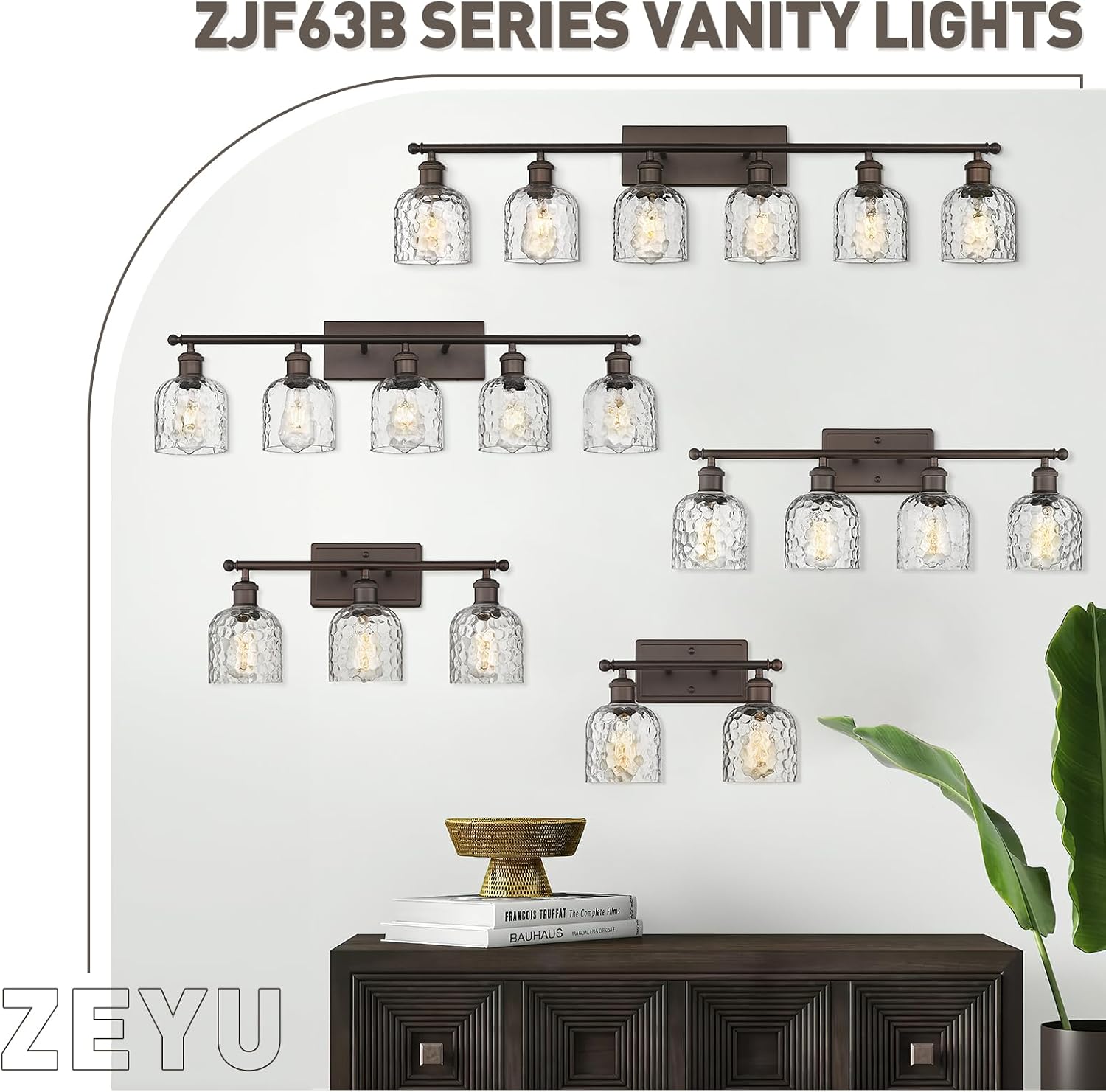 zeyu 4 Light Fixtures for Bathroom Above Mirror, Vintage Vanity Lighting Fixtures, Oil Rubbed Bronze Finish with Clear Hammered Glass, ZJF63B-4W ORB
